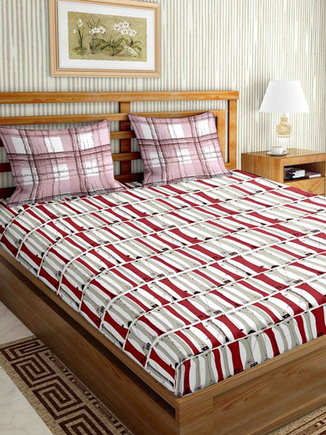 

BELLA CASA Purple & White Geometric 144 TC King Bedsheet with 2 Pillow Covers