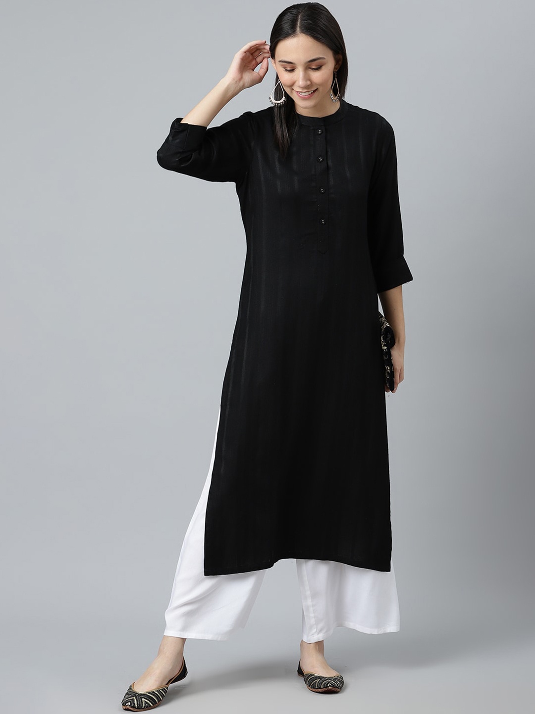

Libas Women Black Self Striped Mandarin Collar Staight Kurta