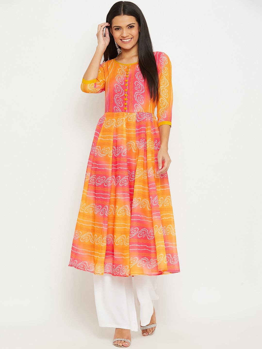 

PANIT Women Orange & Pink Bandhni Printed Georgette Anarkali Kurta