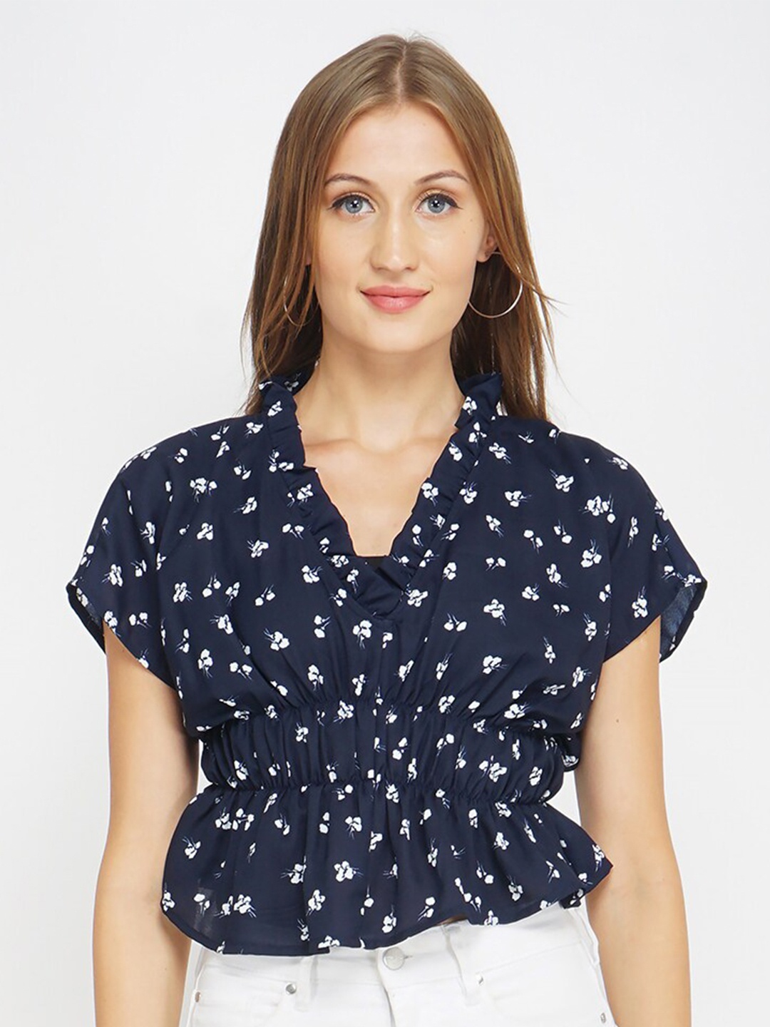 

Oxolloxo Women Navy Blue & White Floral Printed Casual Cinched Waist Top