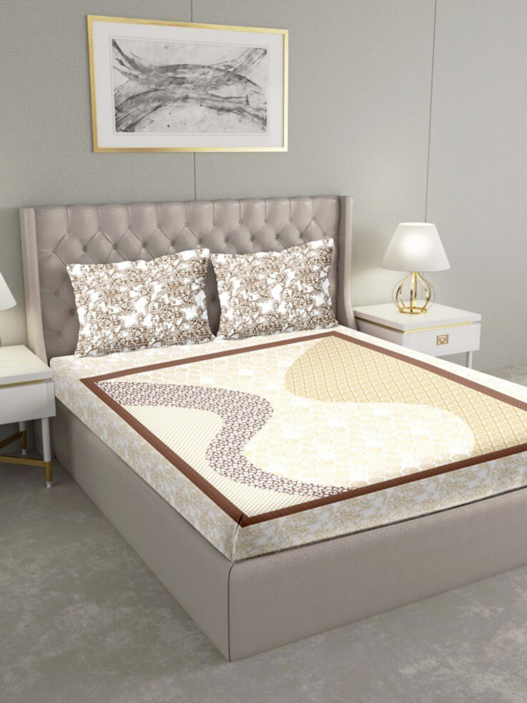 

BELLA CASA Brown & White Ethnic Motifs 180 TC Cotton King Bedsheet with 2 Pillow Covers