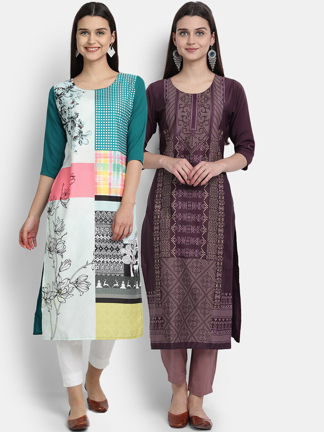 

Ethnic basket Women Pack Of 2 Geometric Digital Printed Crepe Kurta, Teal