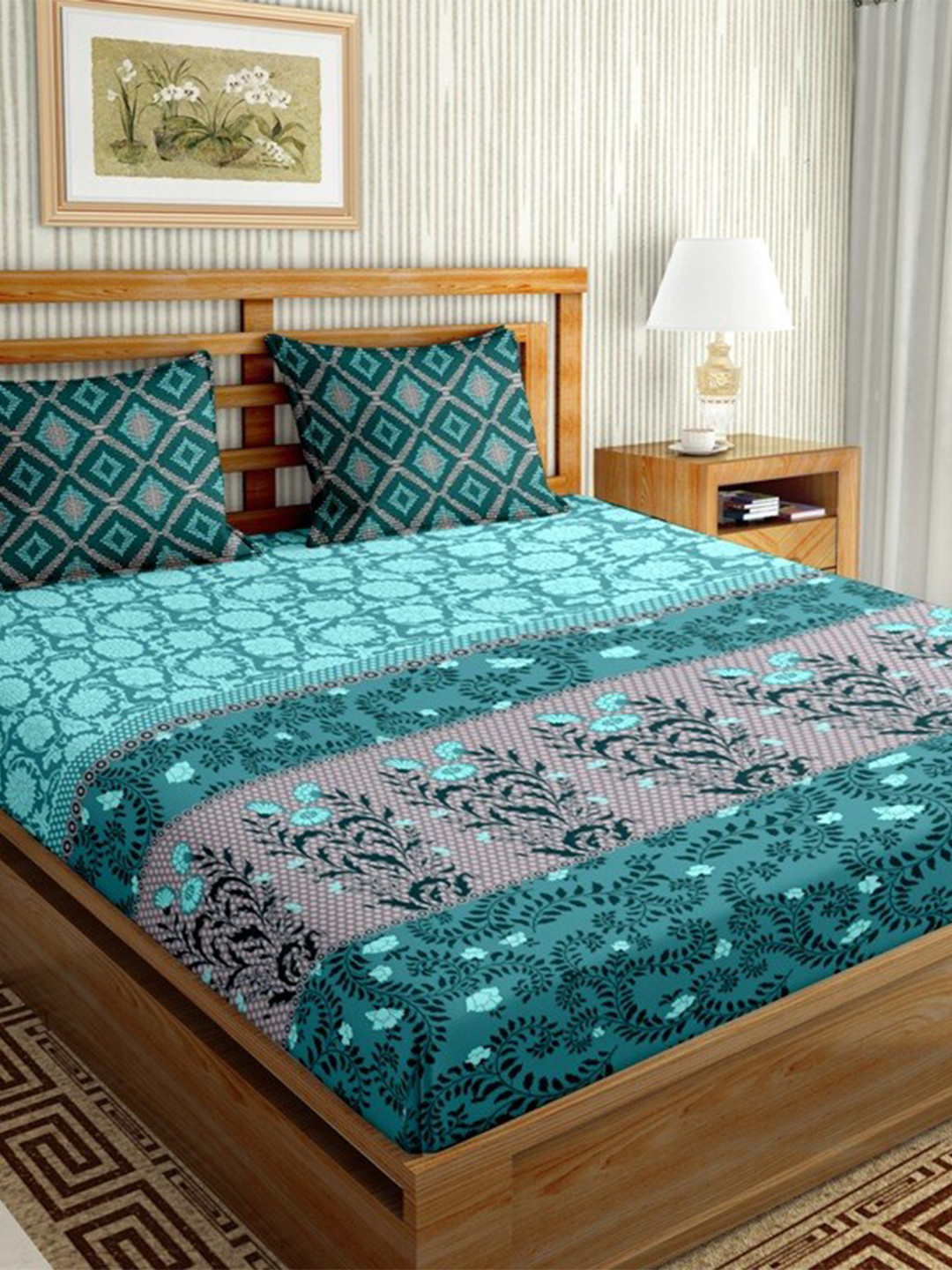 

BELLA CASA Sea Green & Pink Ethnic Motifs 144 TC Cotton King Bedsheet with 2 Pillow Covers
