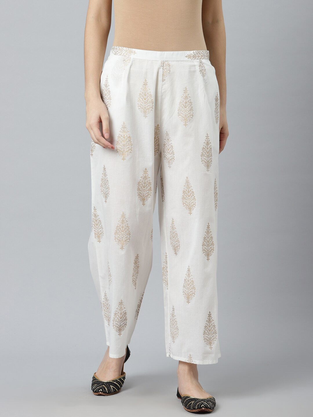 

Libas Women White & Gold-Toned Ethnic Motifs Printed Cotton Ethnic Palazzos
