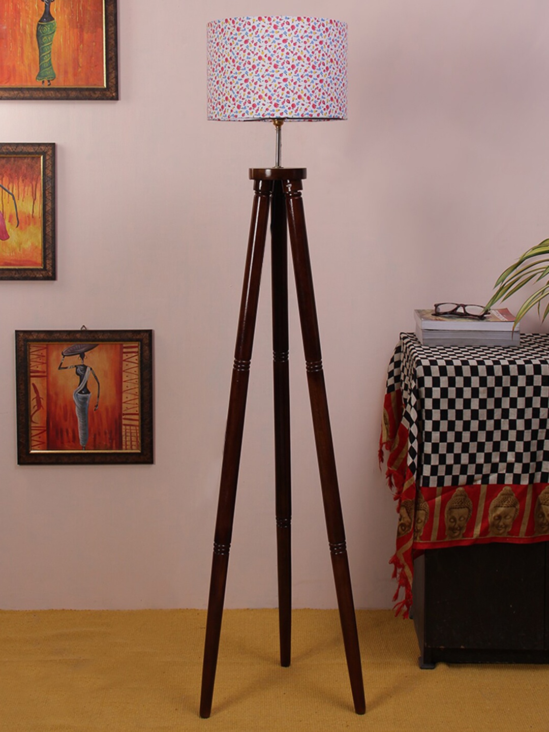 

Devansh White & Pink Printed Contemporary Tripod Lamp with Shade