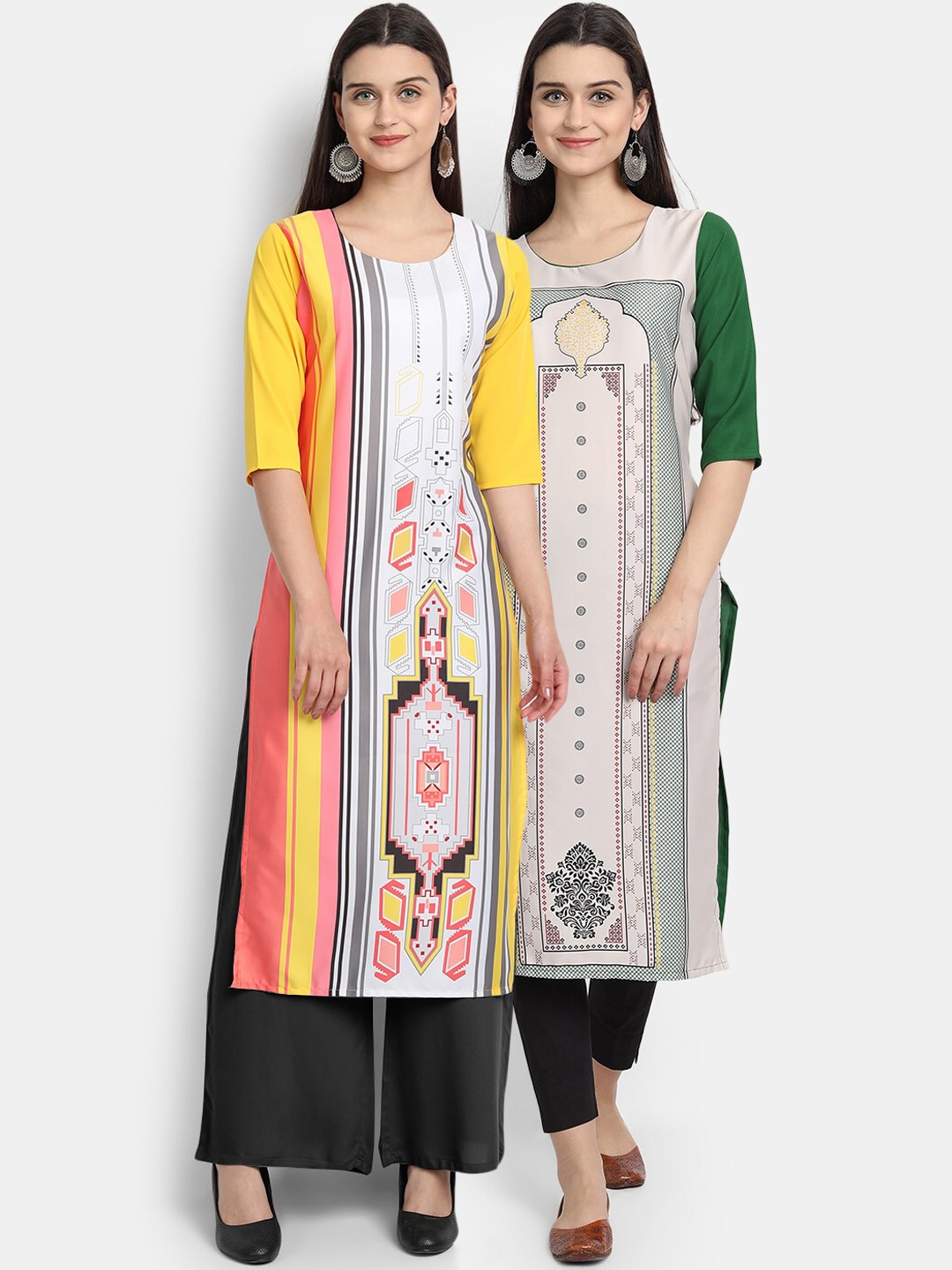 

Ethnic basket Women Pack Of 2 Digitally Printed Crepe Straight Kurta, Yellow
