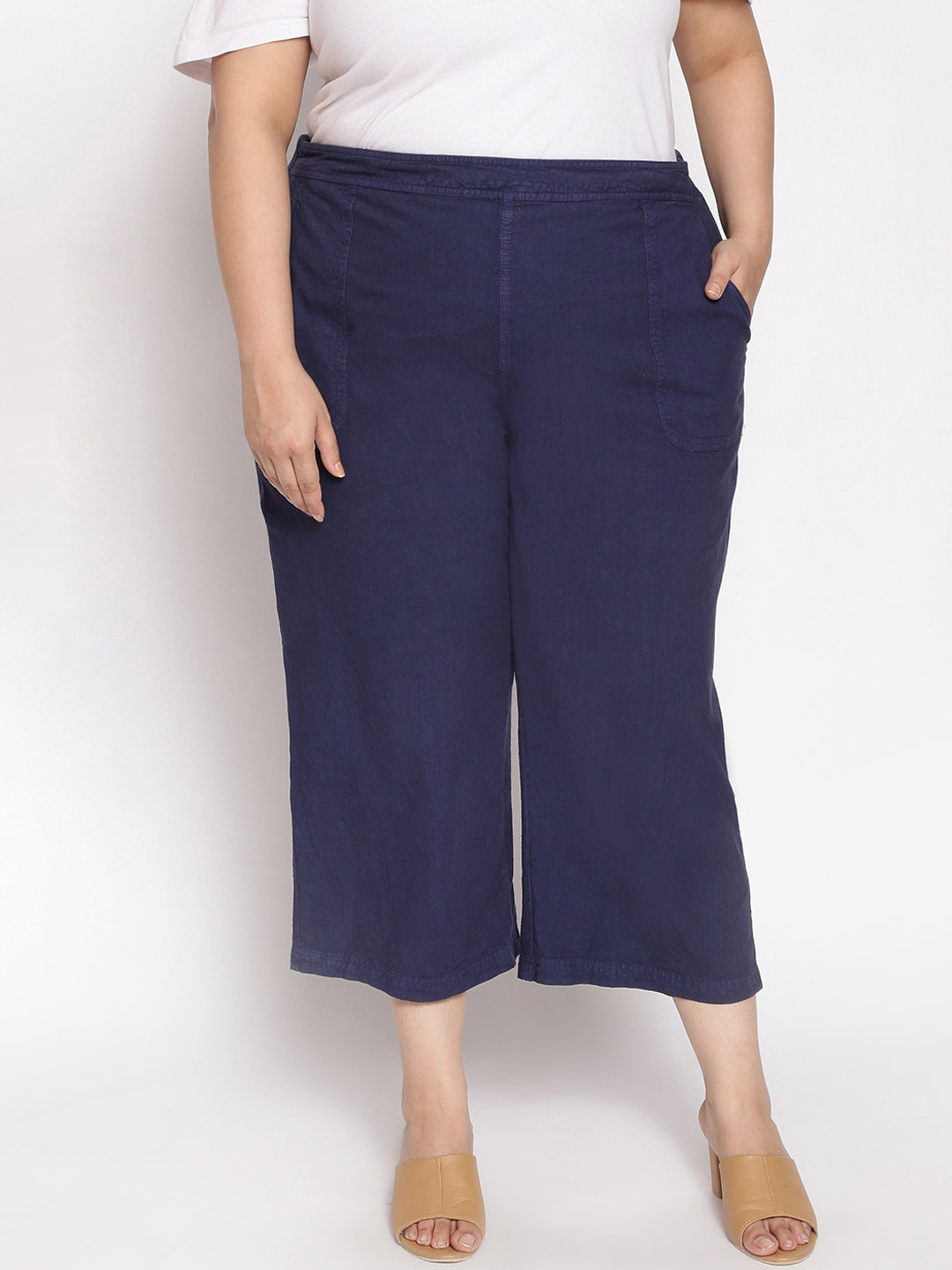 

Oxolloxo Women Navy Blue Plus Size Washed Culottes Trousers