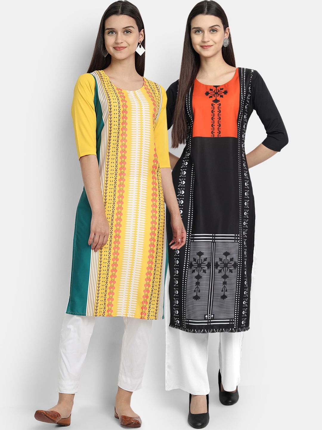 

Ethnic basket Women Pack Of 2 Yellow & Black Geometric Printed Crepe Kurta