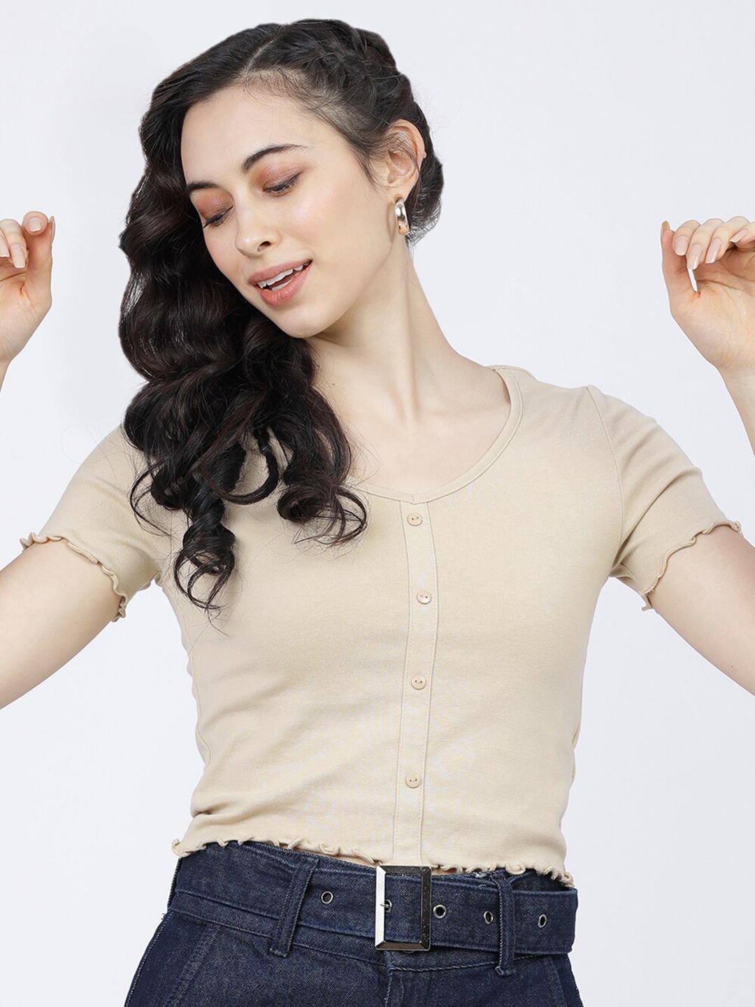 Tokyo Talkies Women Beige V-Neck T-shirt