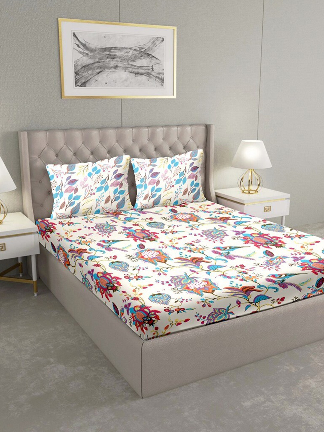 

BELLA CASA Cream & Pink Floral 180 TC King Bedsheet with 2 Pillow Covers