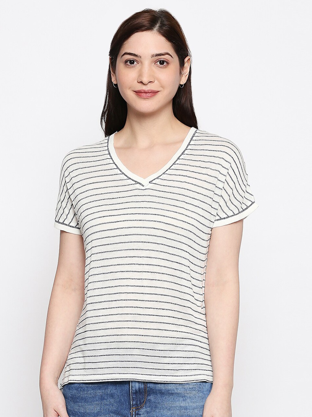 

People White & Black Striped Extended Sleeves Monochrome Regular Top