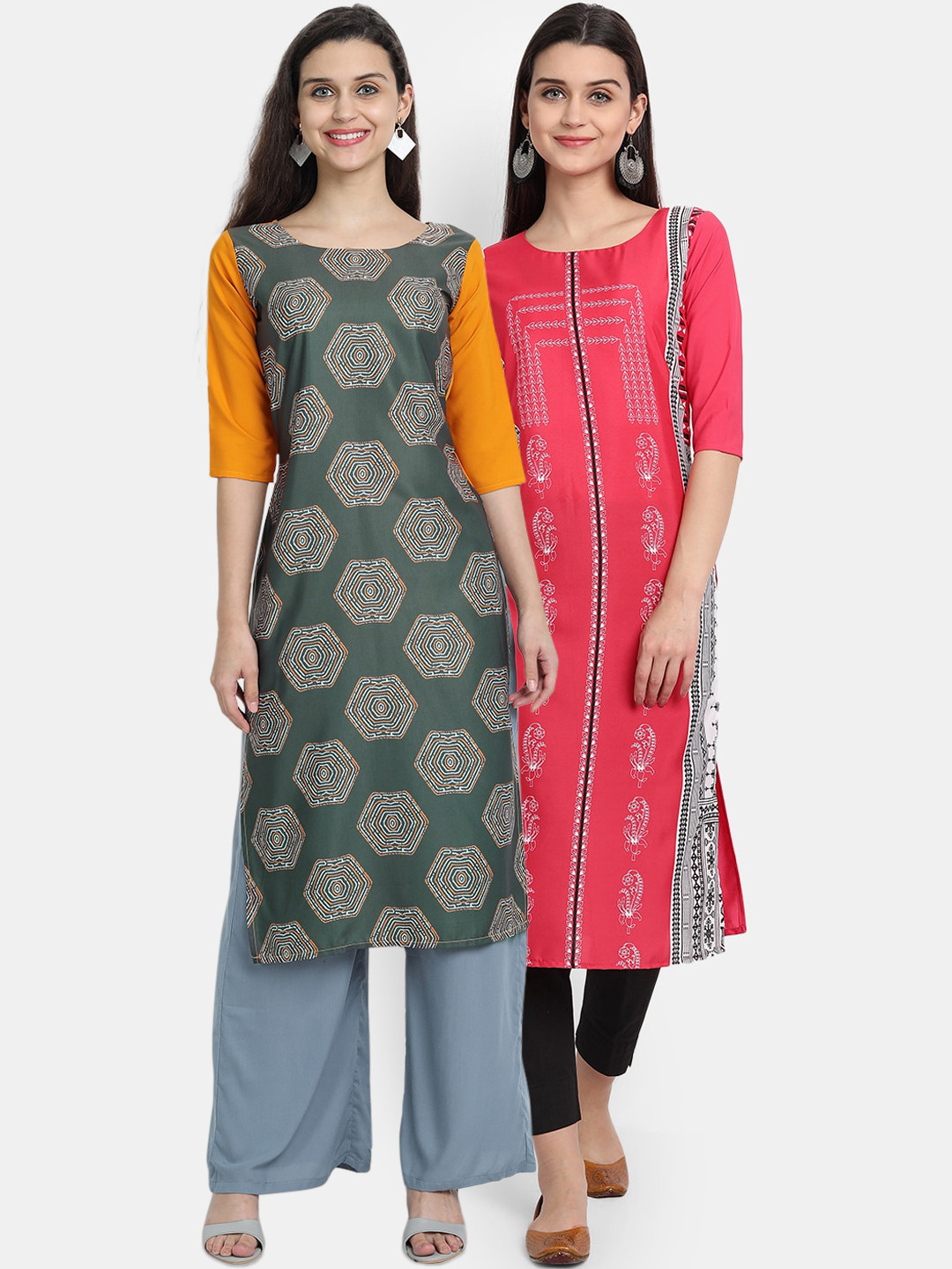 

Ethnic basket Women Pack Of 2 Green & Pink Ethnic Motifs Printed Crepe Kurtas