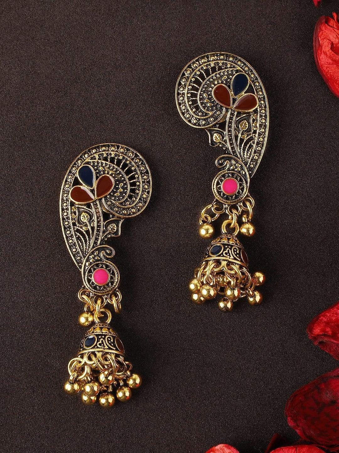 

Rubans Gold & Red Paisley Shaped Jhumkas Earrings