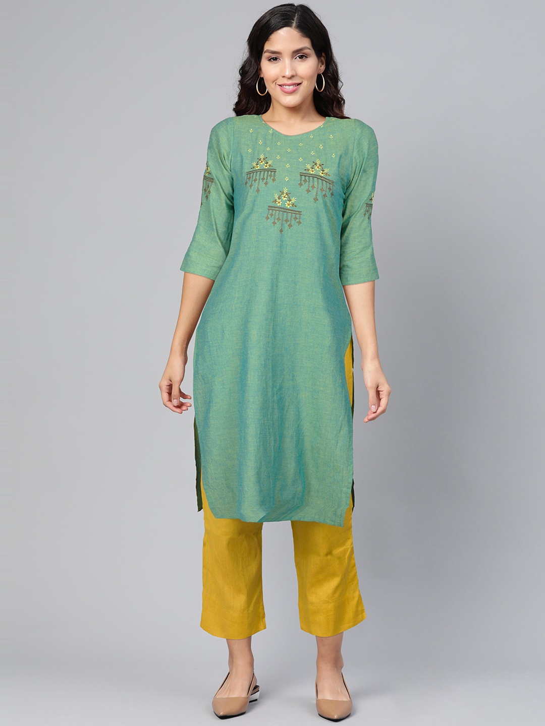 

FLAVIDO Women Green & Yellow Ethnic Motifs Yoke Design Thread Work Kurta