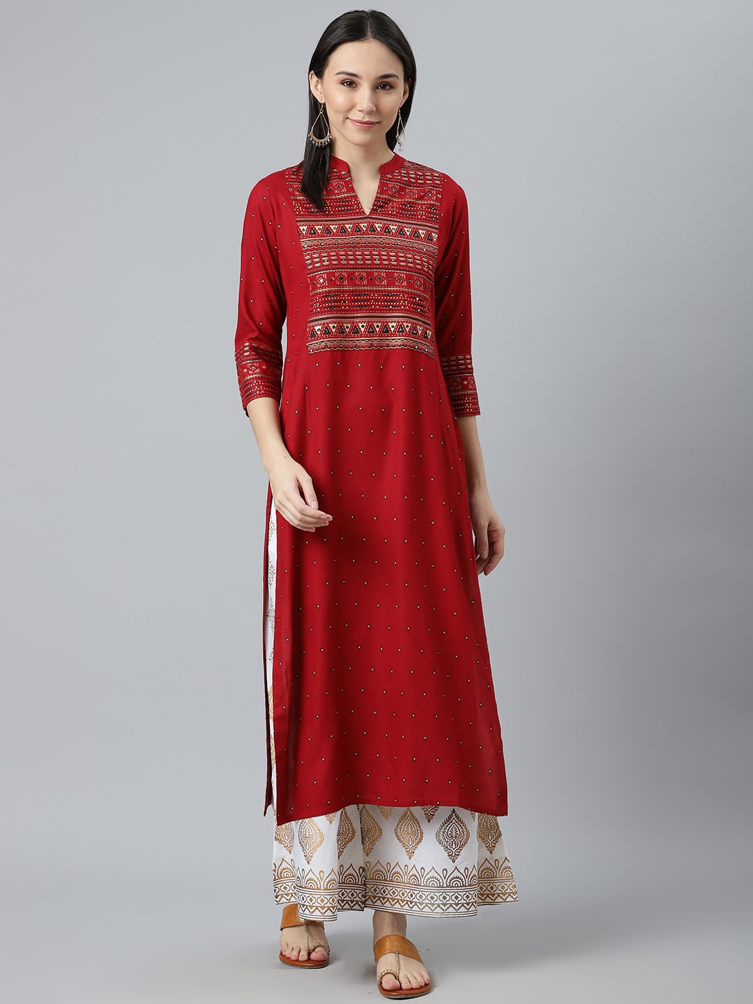

Libas Women Maroon Geometric Yoke Design Gotta Patti Anarkali Kurta