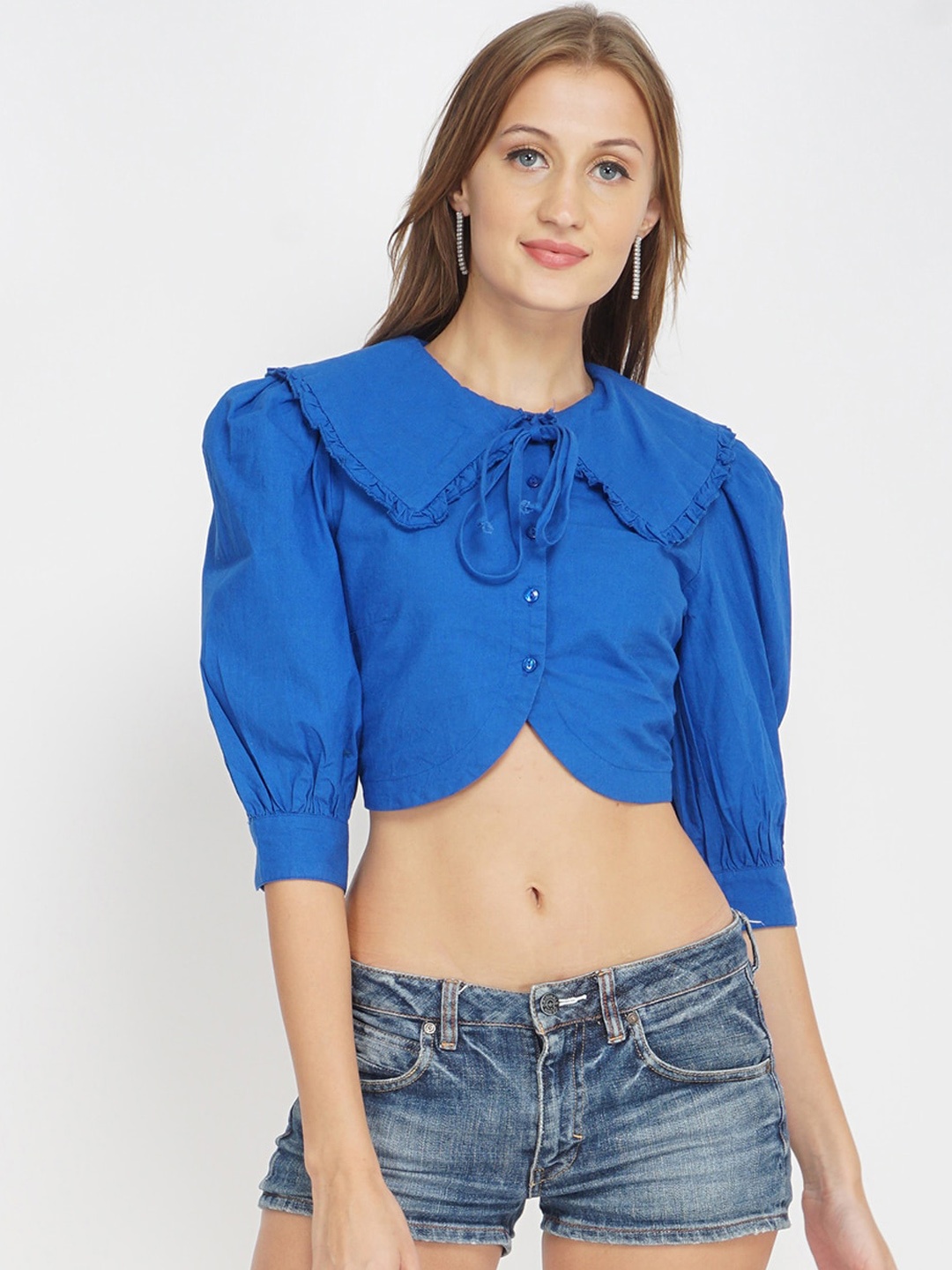 

Oxolloxo Women Blue Peter Pan Neck Crop Top