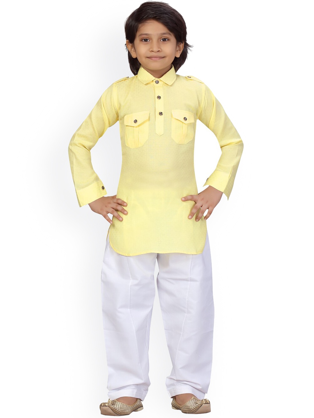 

LITTLE MAFIA BY Aarika Boys Yellow & White Pure Cotton Kurta with Pyjamas