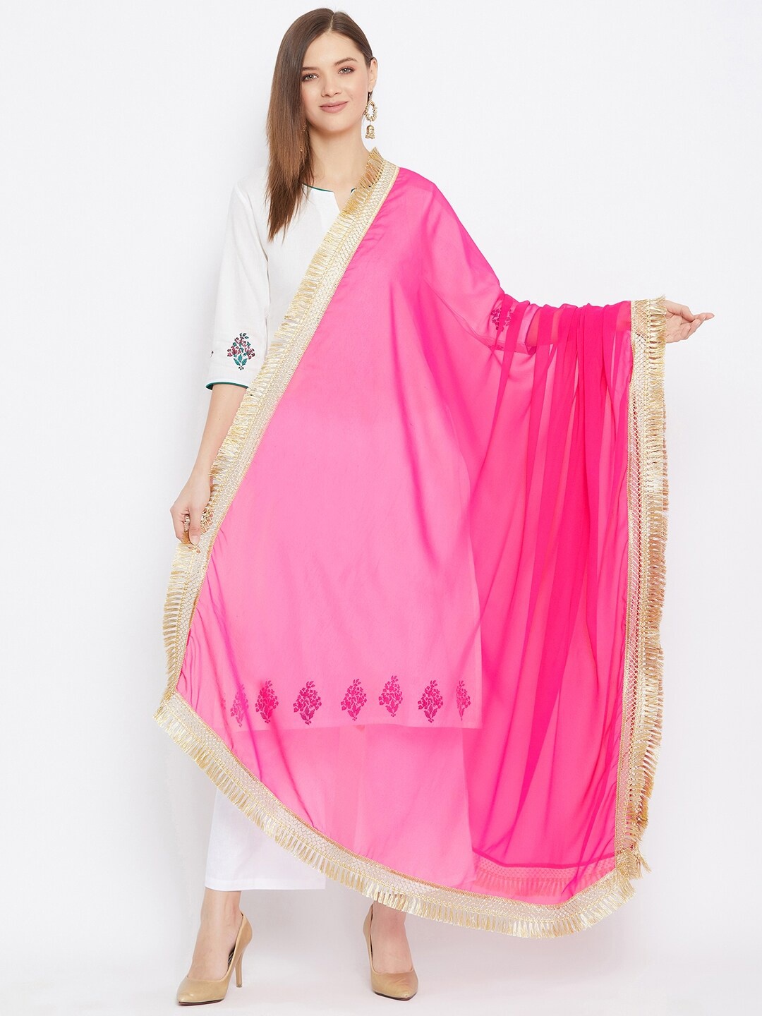 

Bitterlime Pink & Gold-Toned Embellished Border Tassels Dupatta