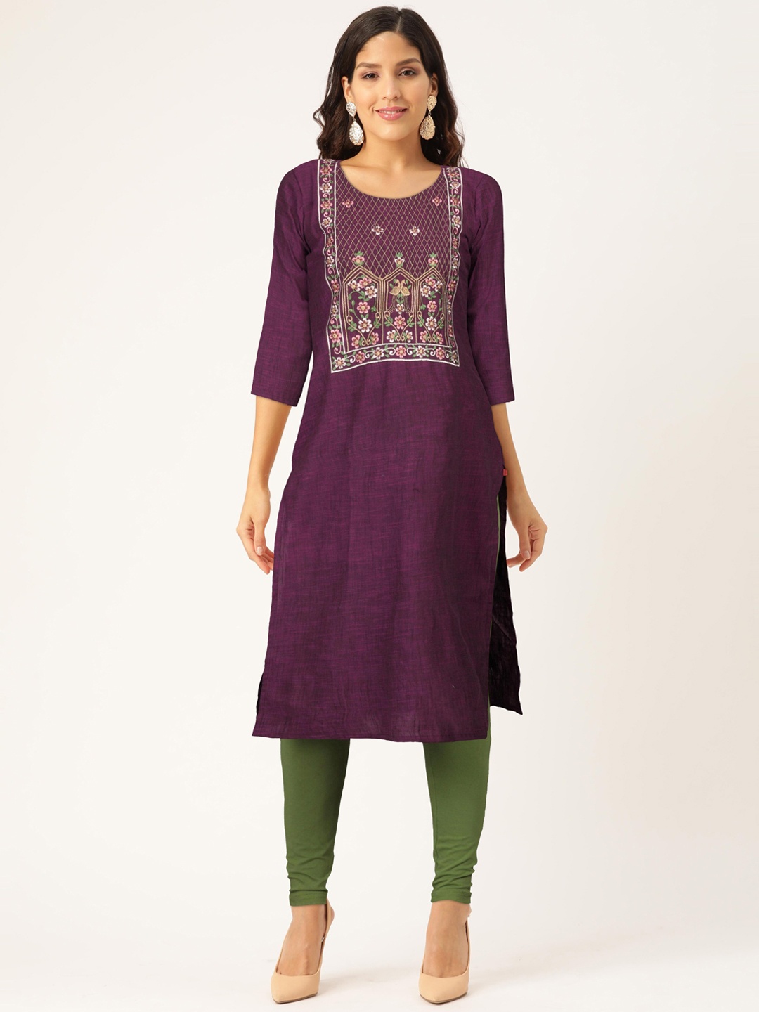 

FLAVIDO Women Purple Ethnic Motifs Embroidered Flared Sleeves Thread Work Kurta
