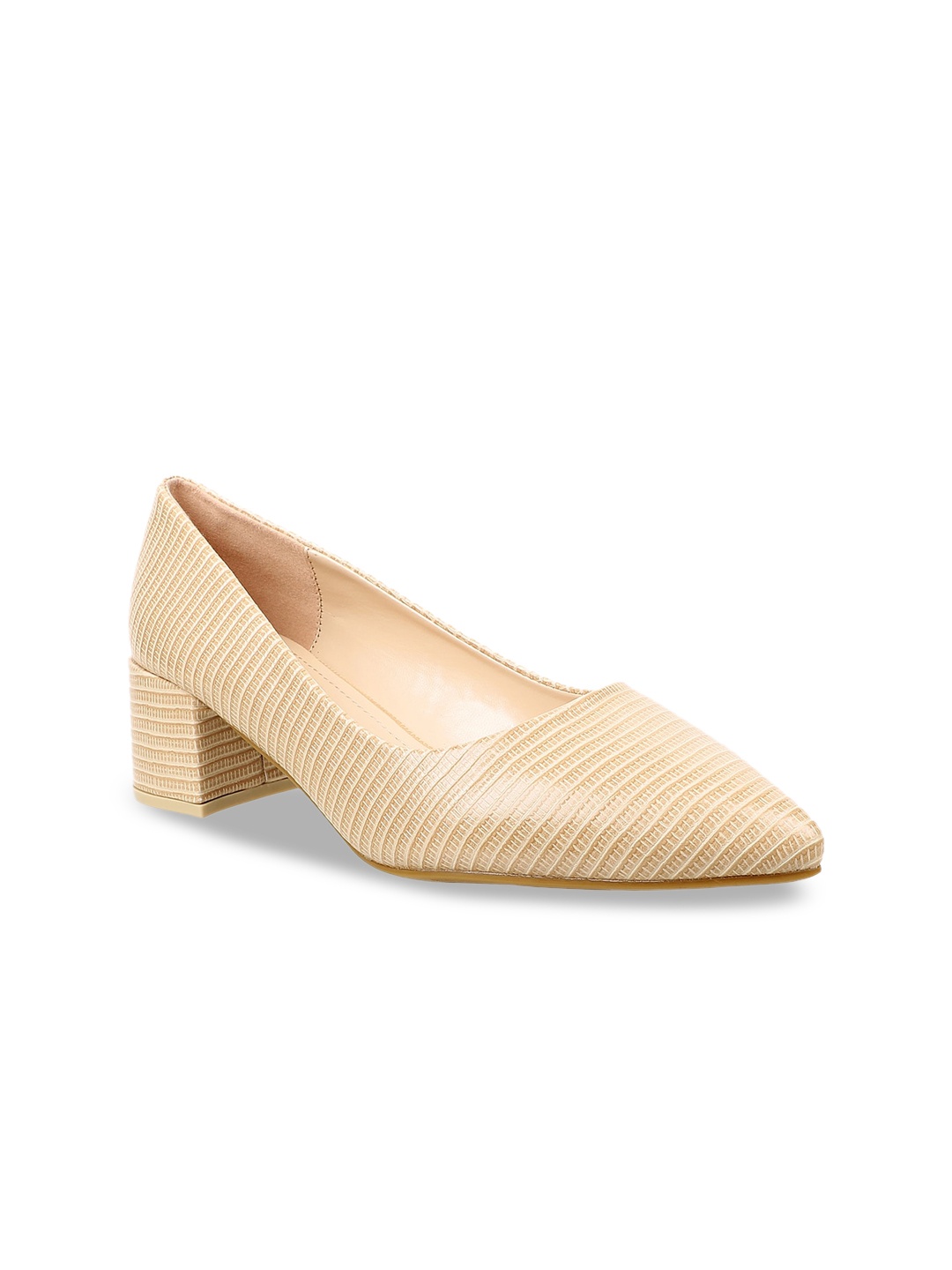 

Flat n Heels Beige Textured Block Heeled Pumps