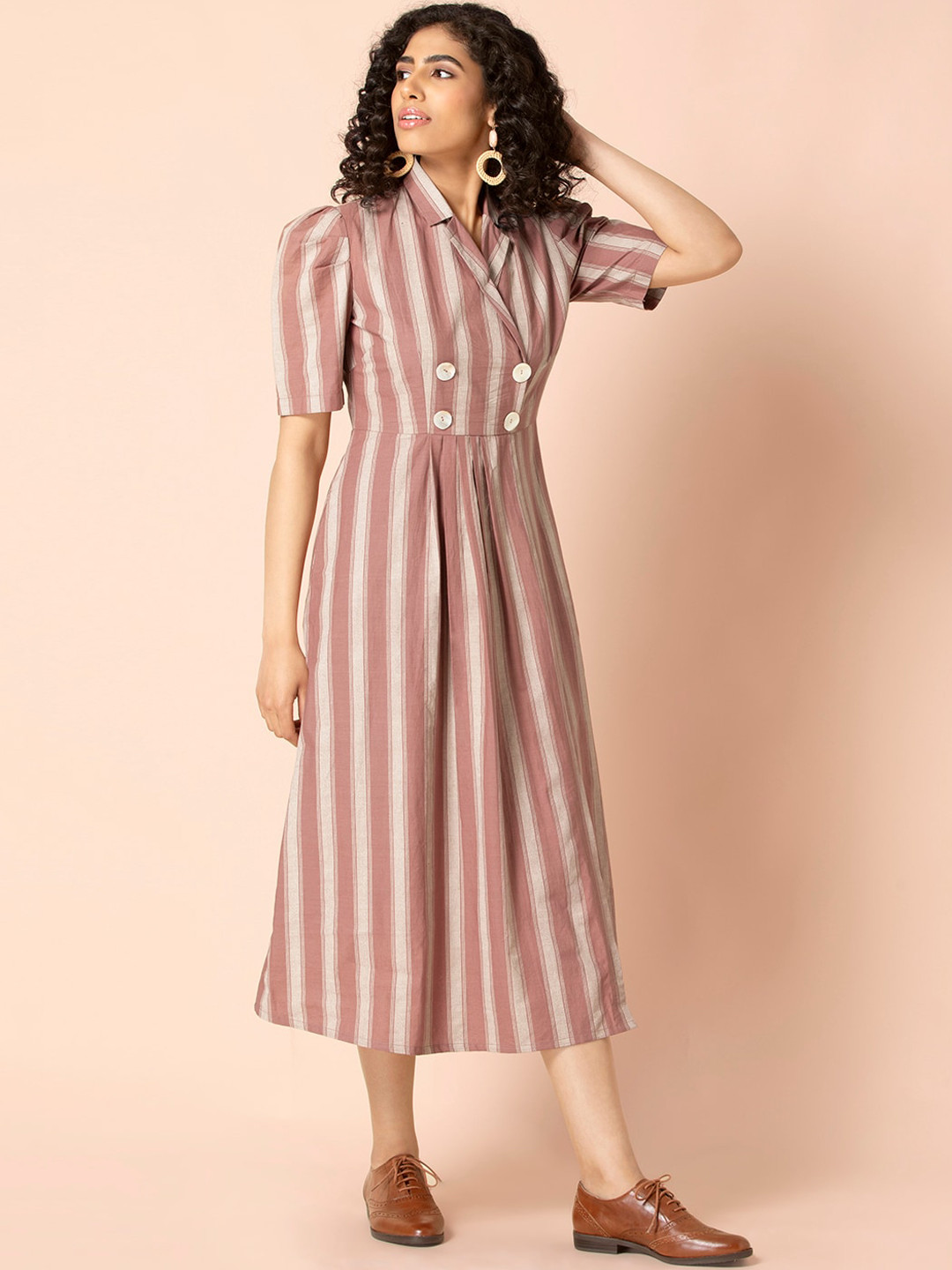 

Earthen BY INDYA Pink Striped Double Breasted A-Line Dress, Brown