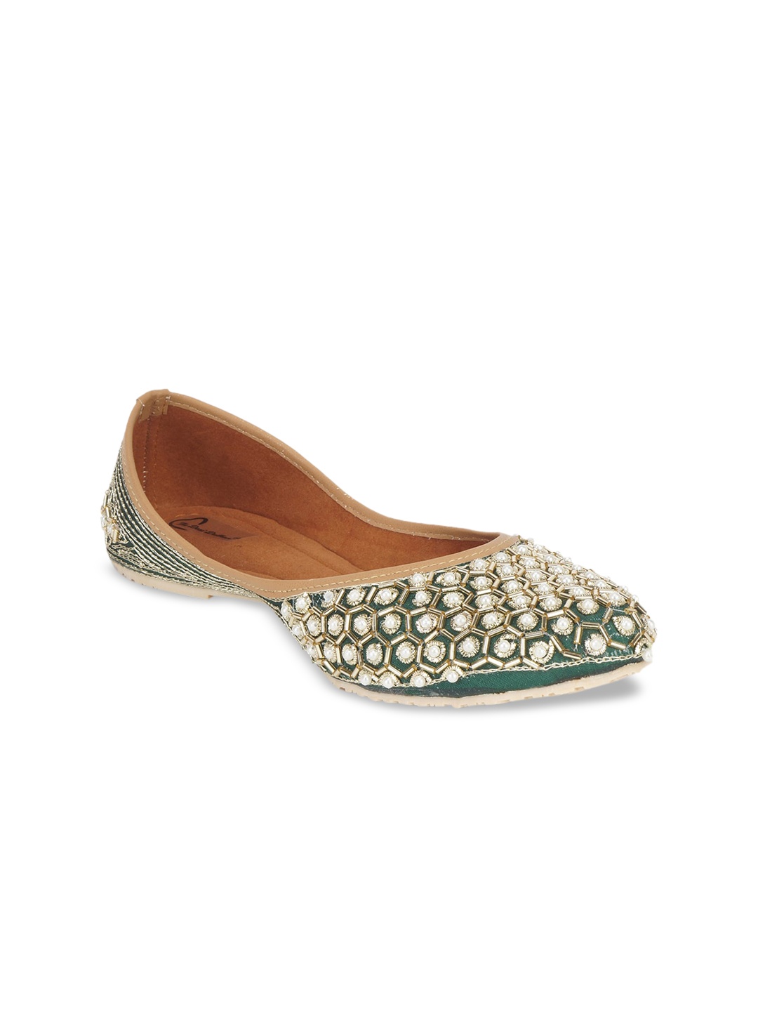 

The Desi Dulhan Women Green Embellished Leather Ethnic Mojaris Flats