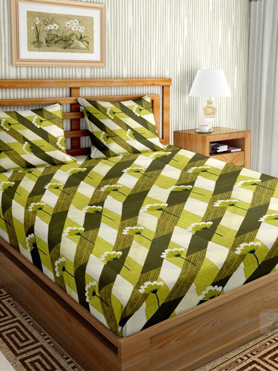 

BELLA CASA Green & White Floral 144 TC King Bedsheet with 2 Pillow Covers