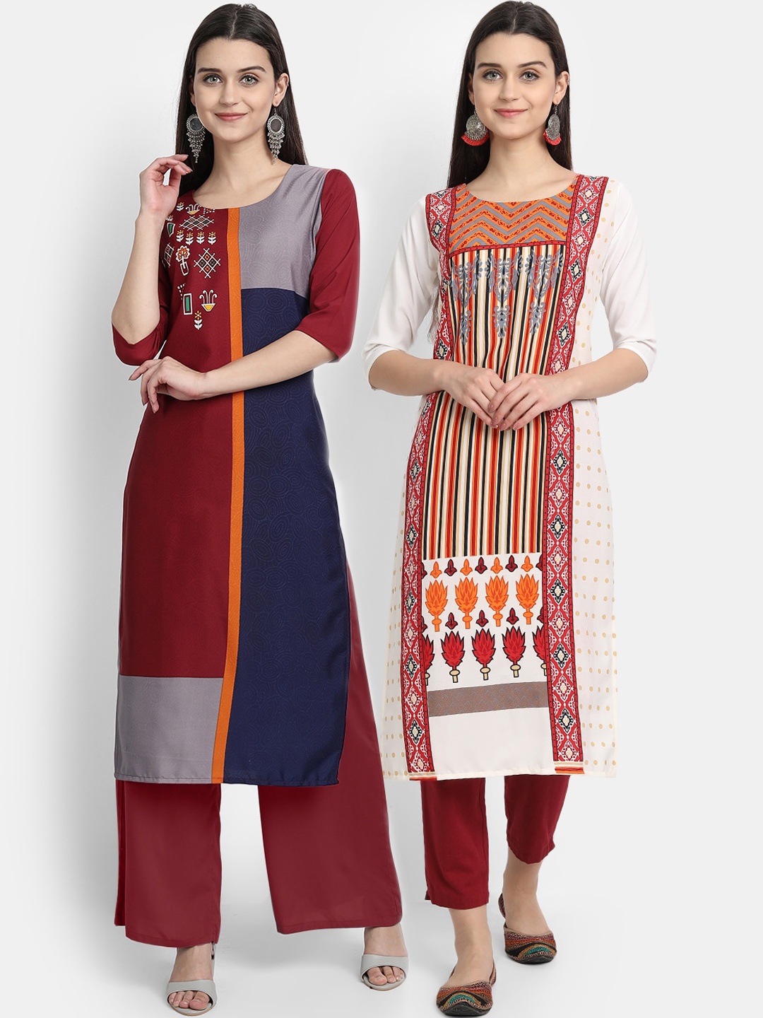 

Ethnic basket Women Pack Of 2 Maroon & White Printed Crepe Kurta