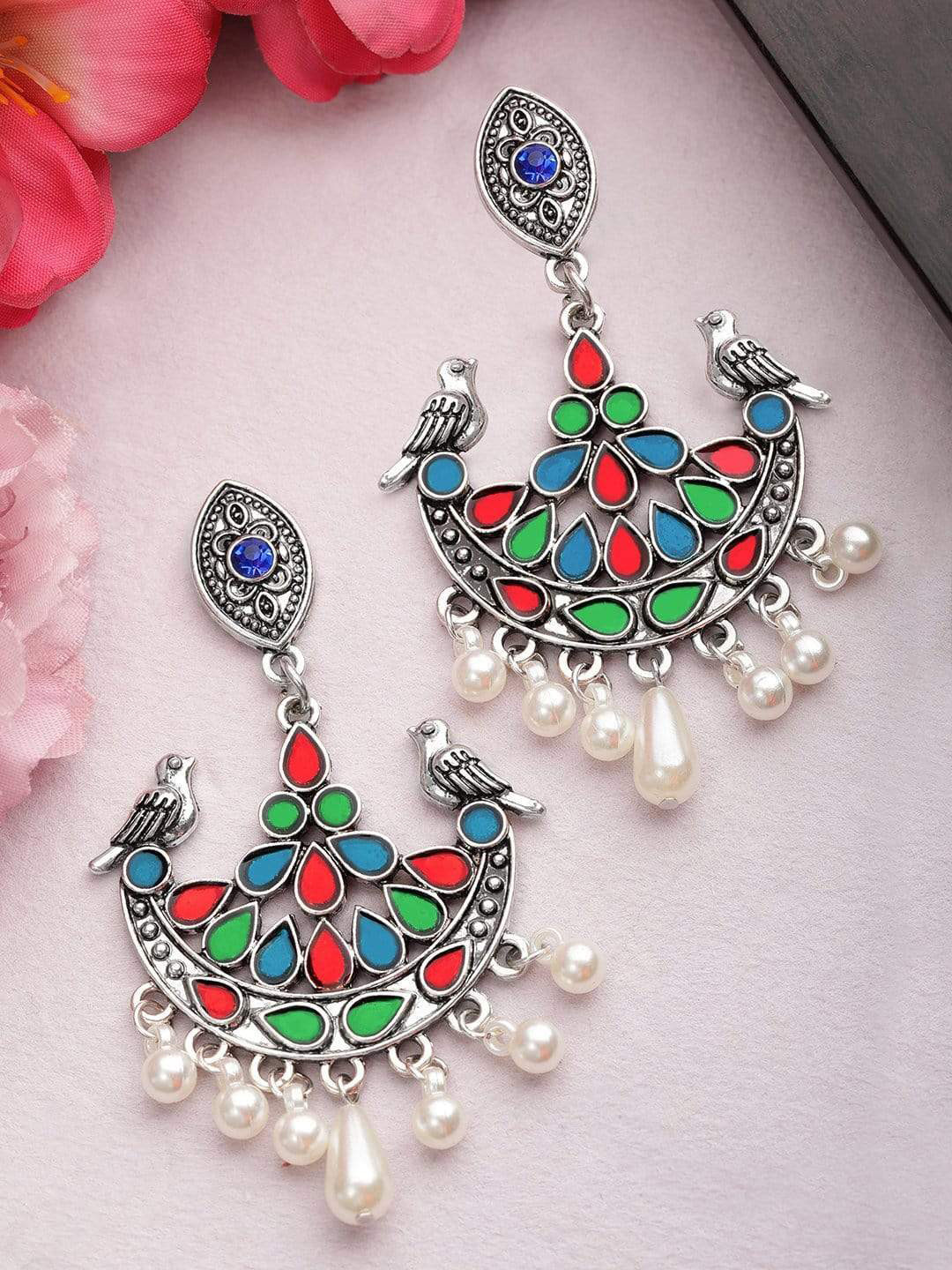 

Rubans Women Oxidised Silver Enamelled Contemporary Chandbalis Earrings