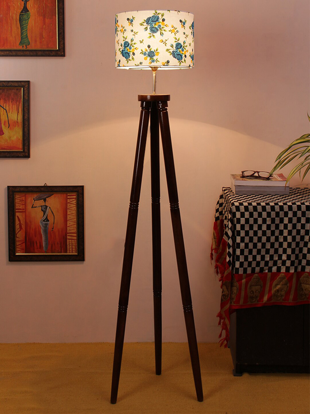 

Devansh White & Blue Printed Traditional Wooden Tripod Lamp