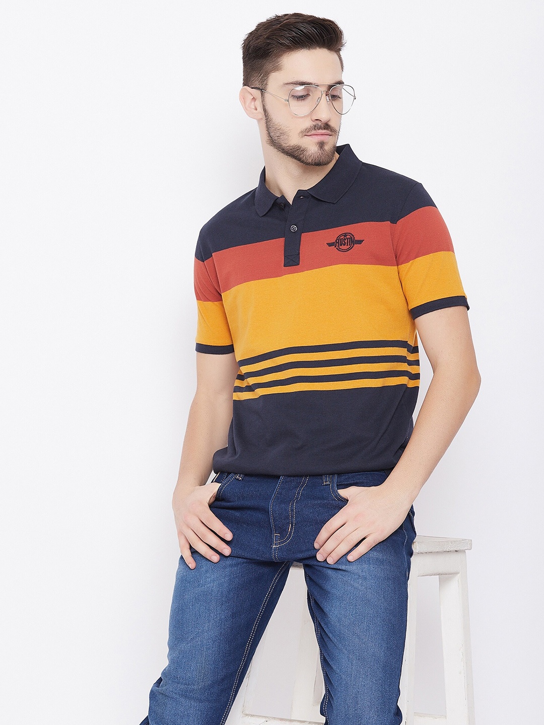 

Austin wood Men Multi Colourblocked Polo Collar Applique T-shirt