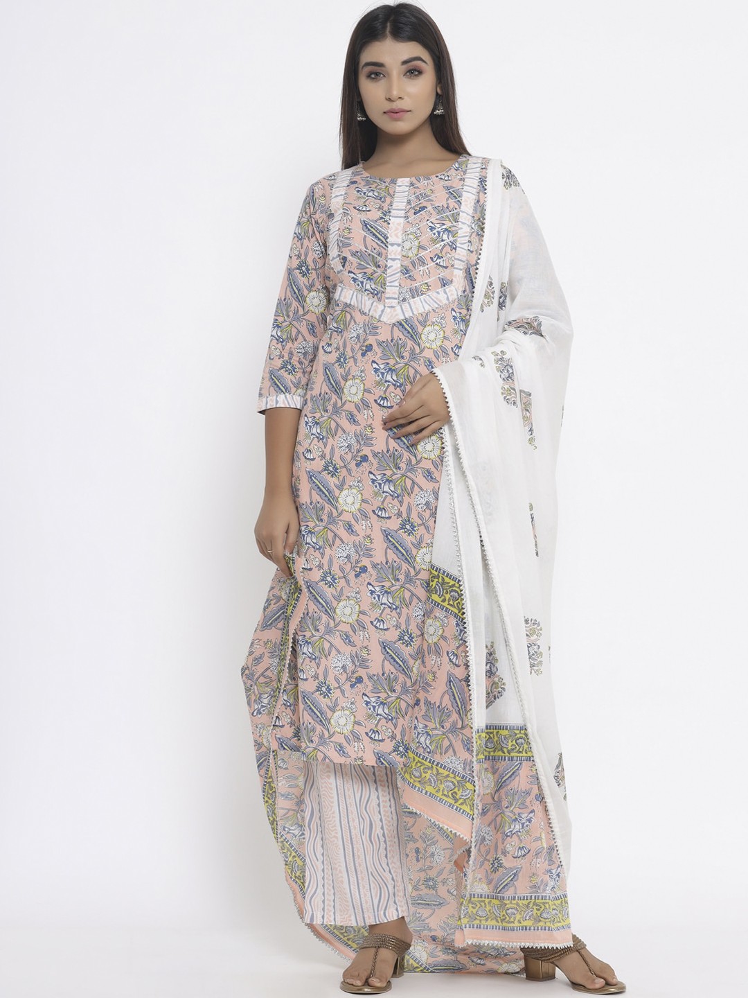 

Silai Bunai Women Pink Floral Printed Pure Cotton Kurta with Palazzos & With Dupatta