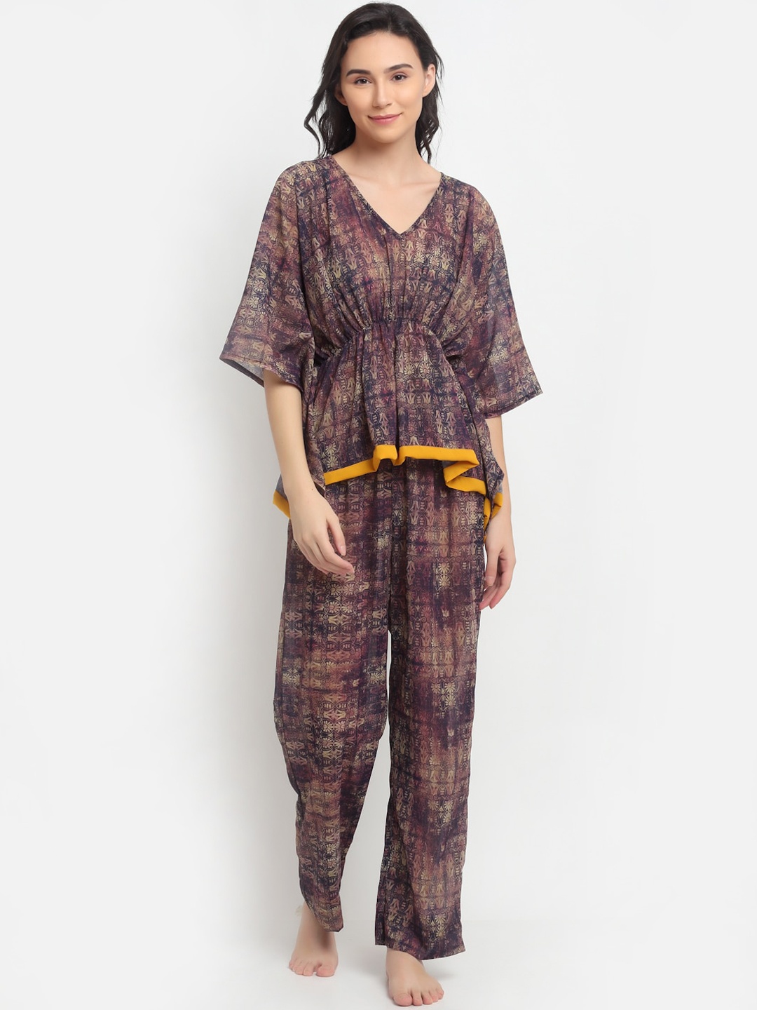 

EROTISSCH Women Brown & Yellow Printed Kaftan Night suit