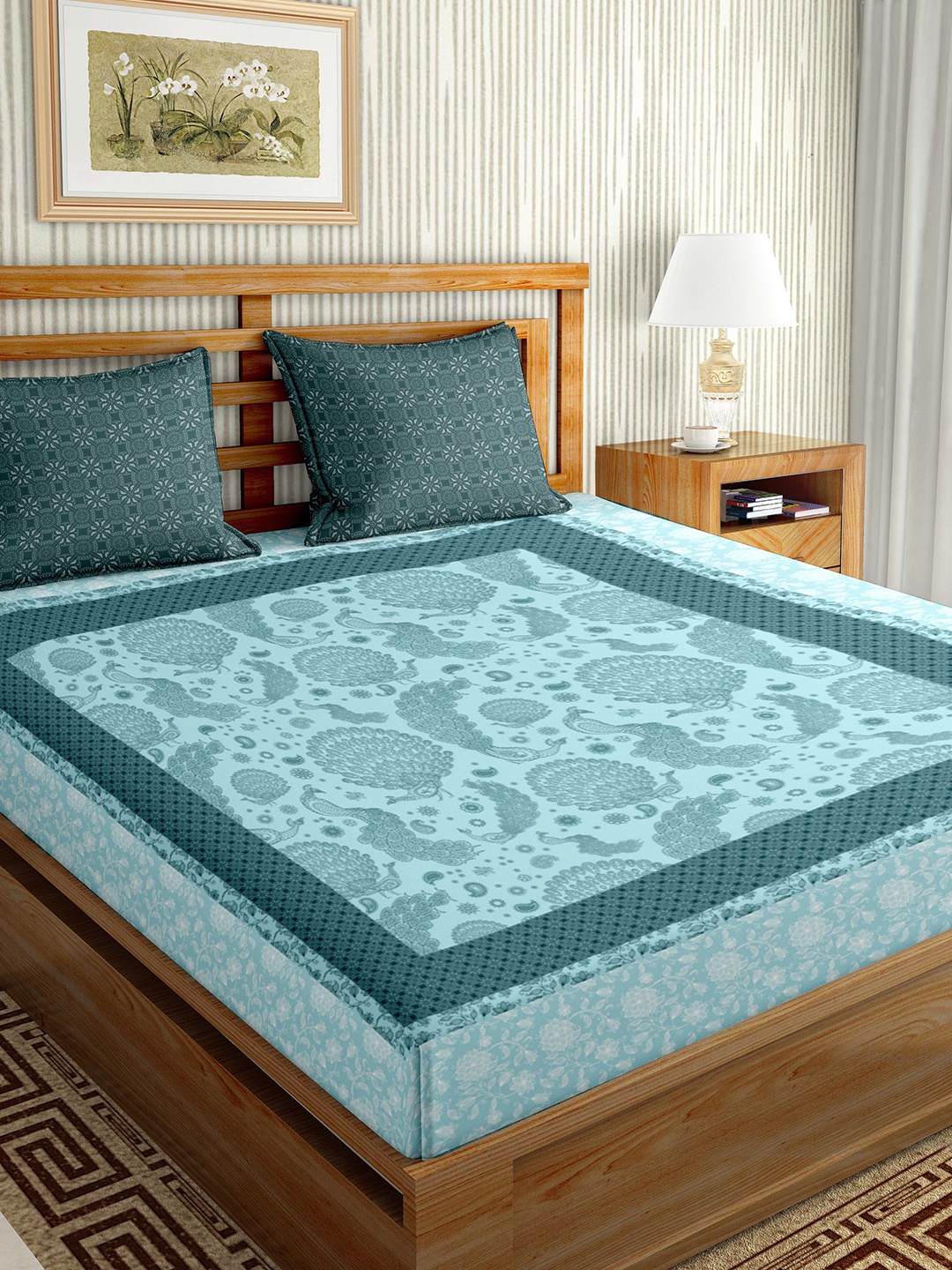 

BELLA CASA Blue Ethnic Motifs 144 TC King Bedsheet with 2 Pillow Covers