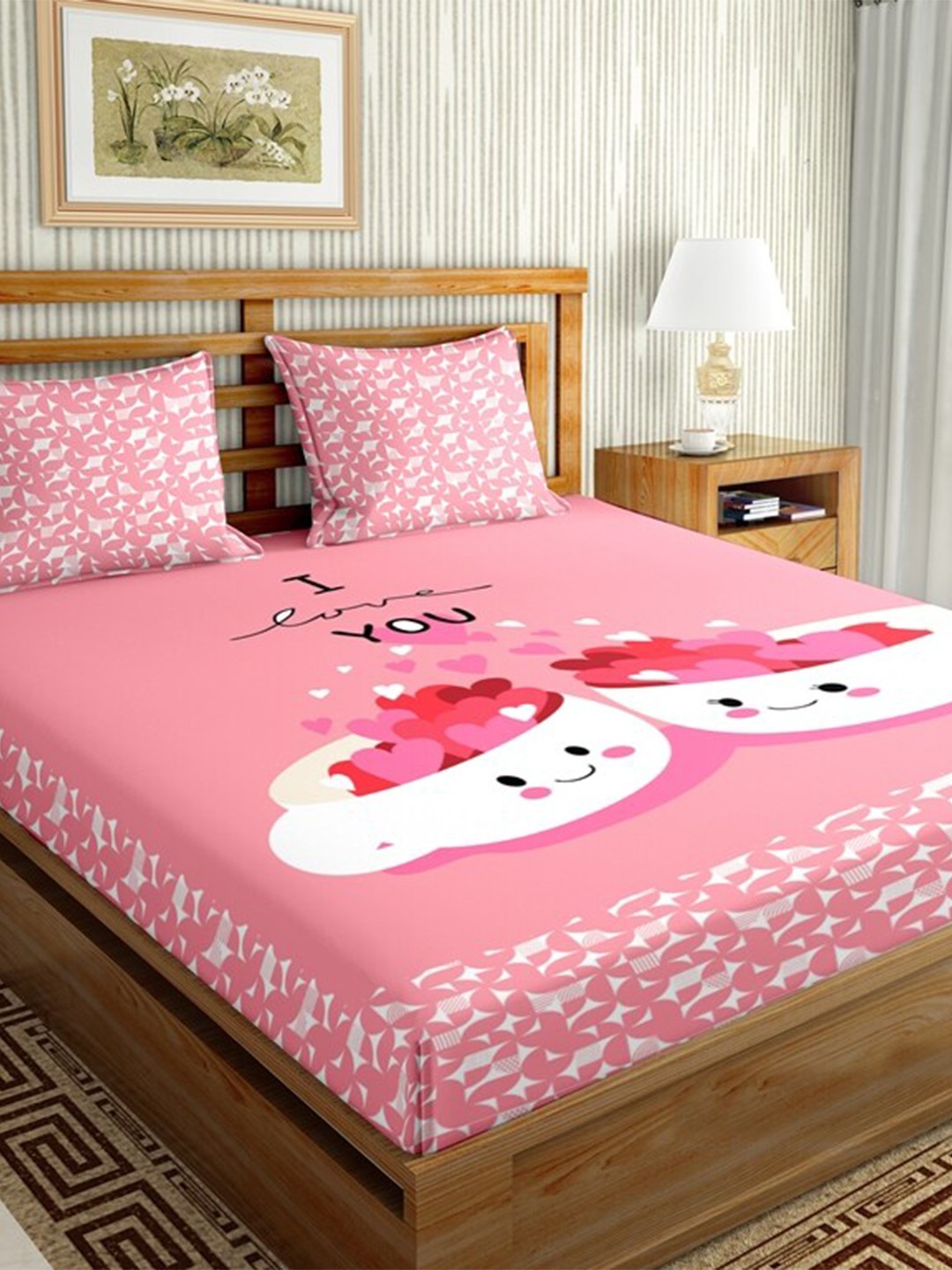 BELLA CASA Pink & White Graphic 144 TC King Bedsheet with 2 Pillow Covers