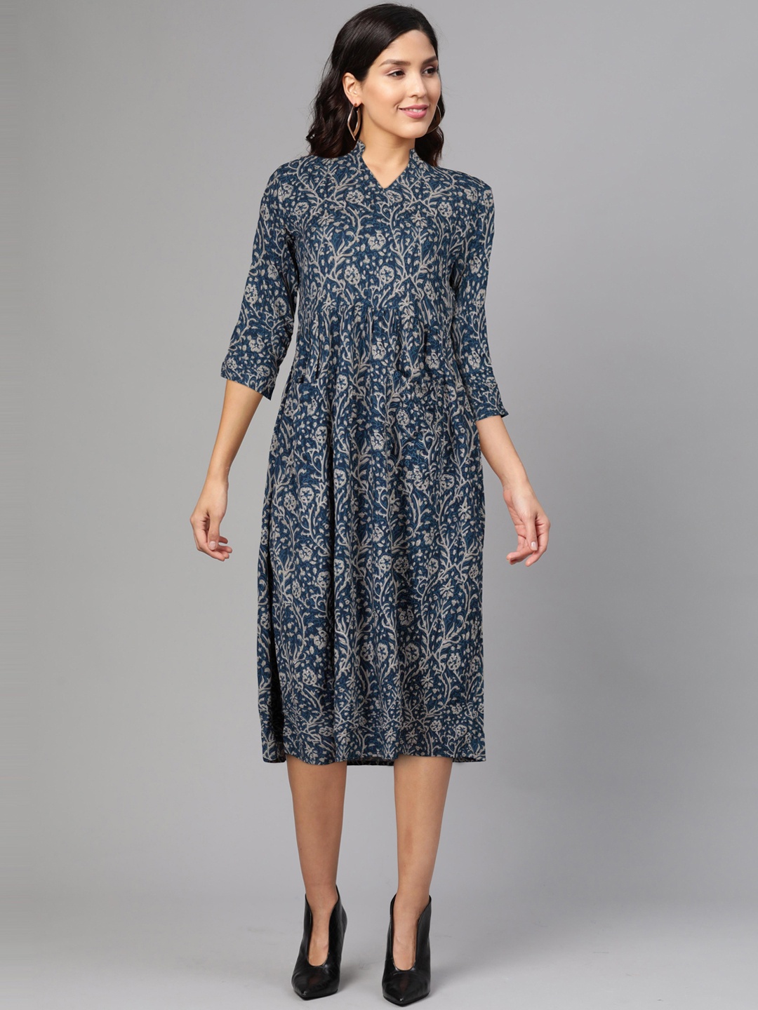 

FLAVIDO Blue Ethnic Motifs A-Line Midi Dress