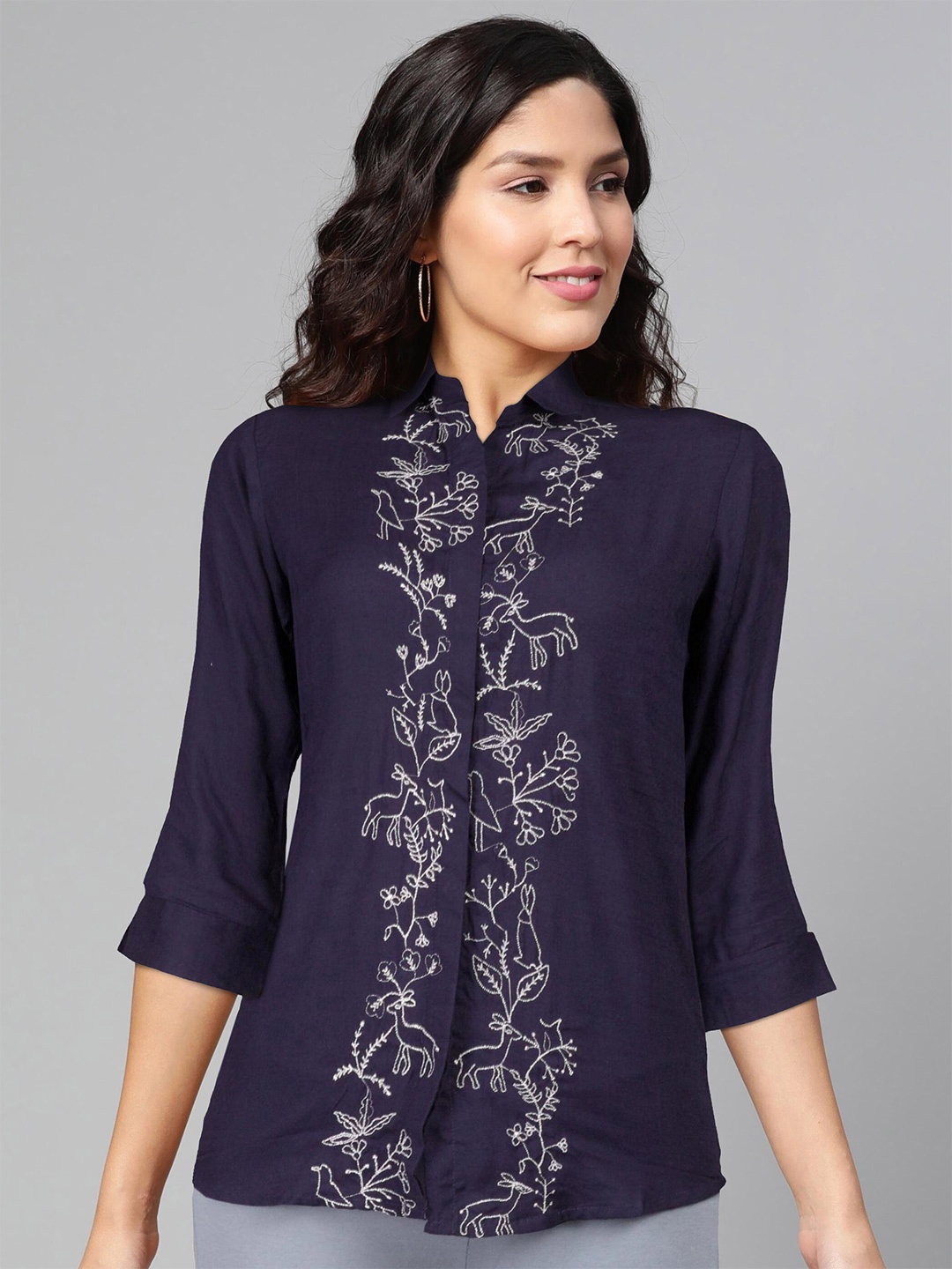 

FLAVIDO Navy Blue Floral Embroidered Shirt Style Top