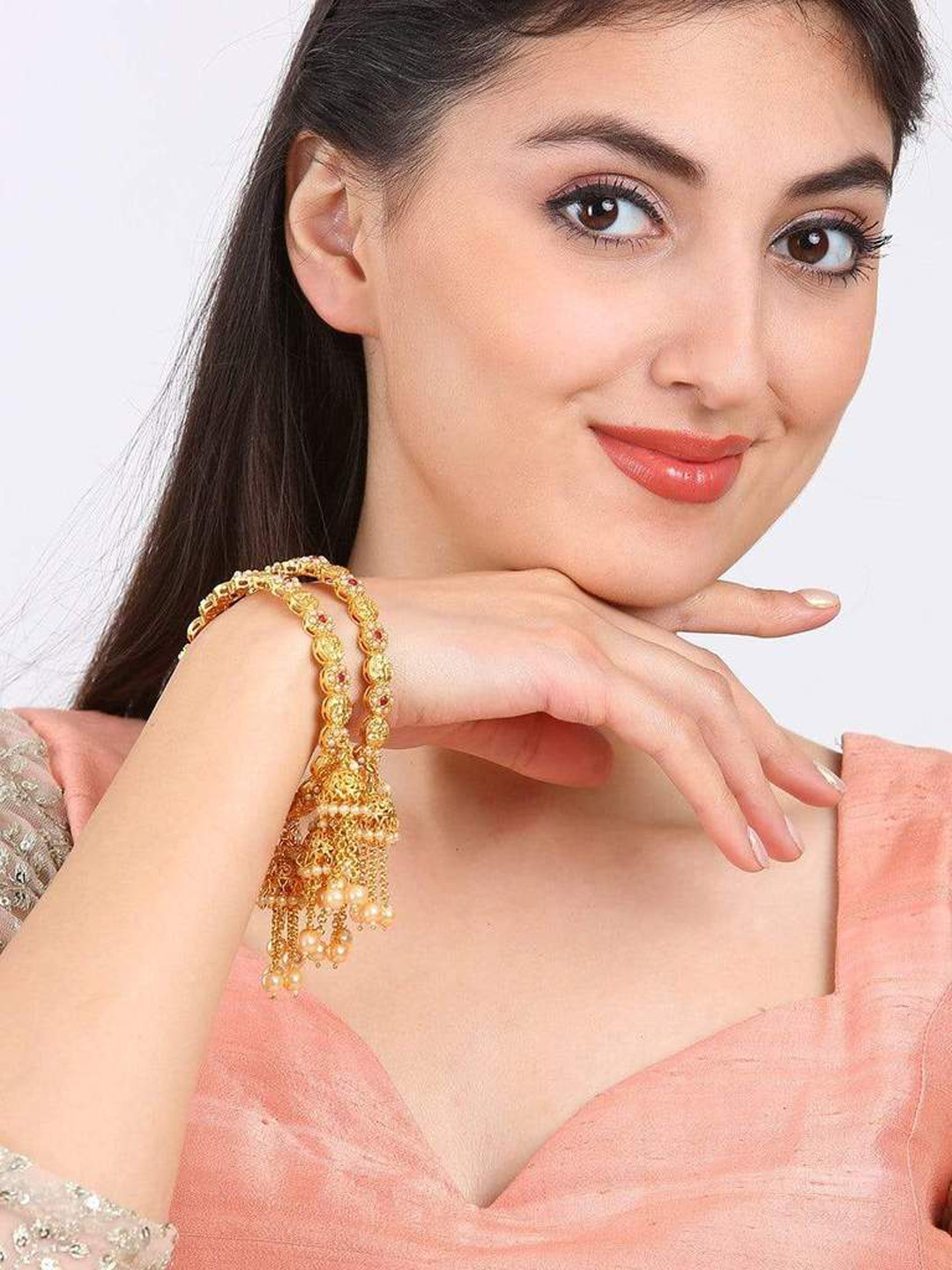 

Rubans Set Of 2 Gold-Plated Gold-Toned Pearls-Studded With Multiple Jhumka Hangings Bangle Set