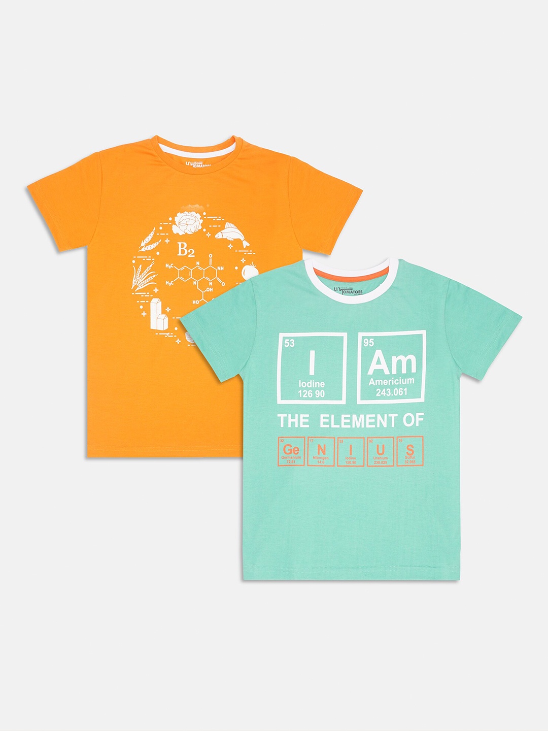 

Lil Tomatoes Boys Set Of 2 Orange & Sea Green Typography Printed Applique T-shirt