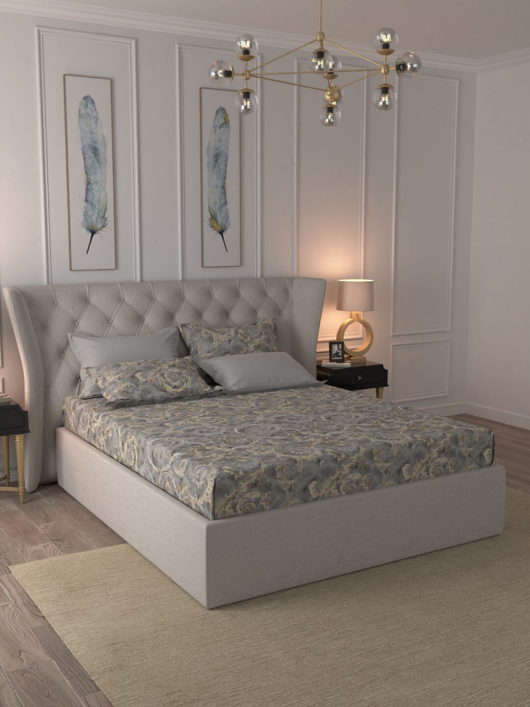 

MYTRIDENT Grey Cream-Coloured Floral 300 TC King Bedsheet with 4 Pillow Covers