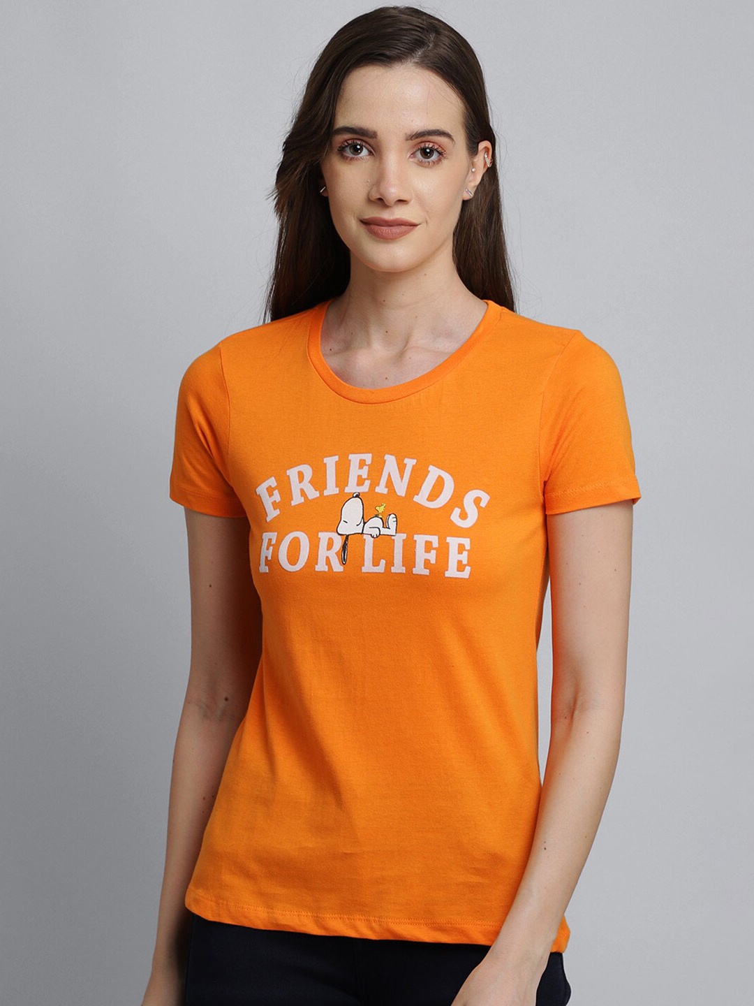 

Free Authority Women Orange & White Snoopy Printed Cotton T-shirt