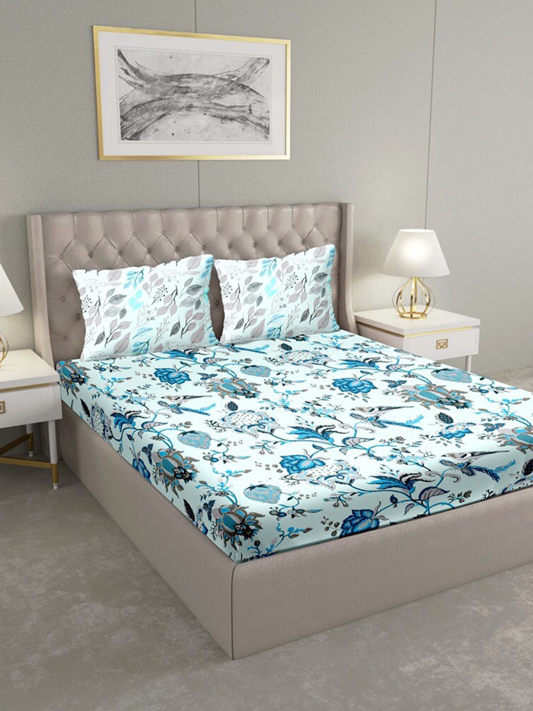 

BELLA CASA Blue & Grey Floral 180 TC King Bedsheet with 2 Pillow Covers