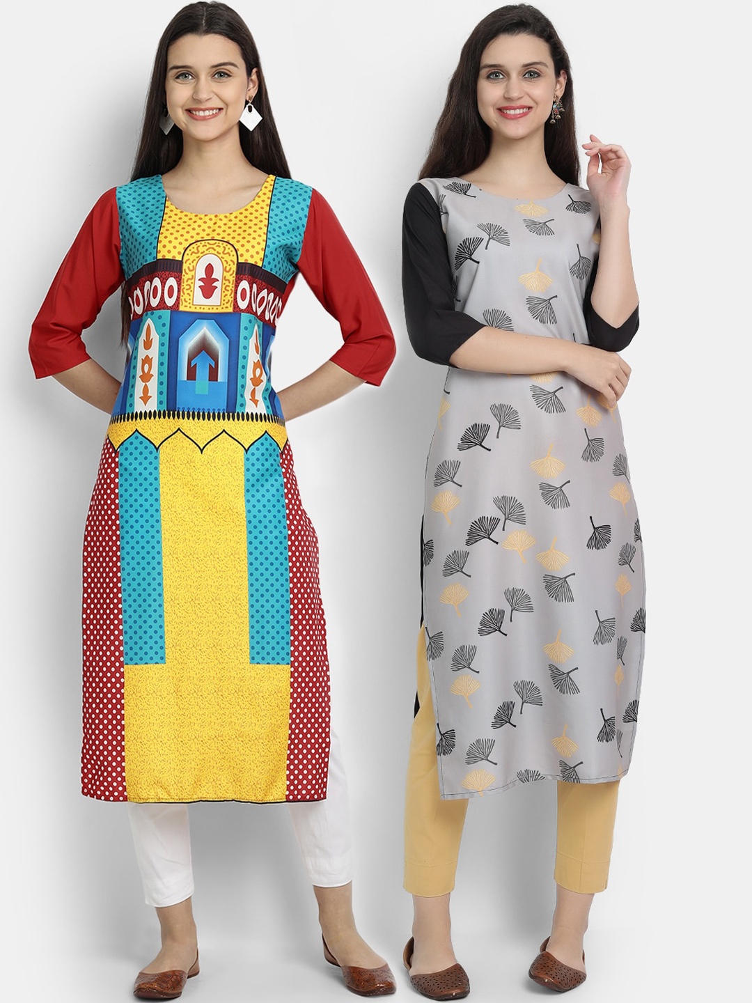 

Ethnic basket Women Pack Of 2 Grey & Maroon Ethnic Motifs Printed Crepe Kurtas