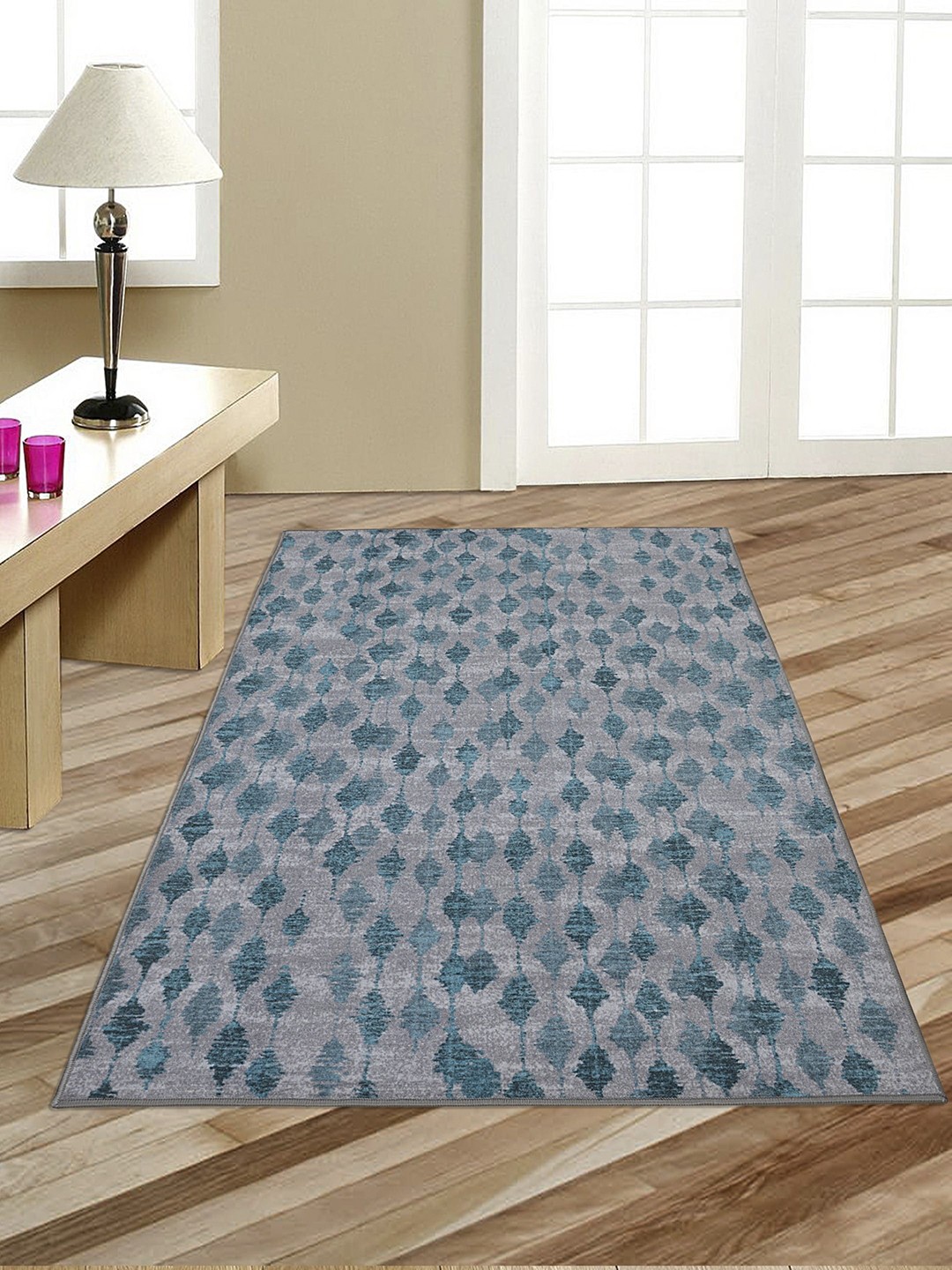 

RUGSMITH Teal Blue & Grey Geometric Printed Anti-Skid Light Carpet