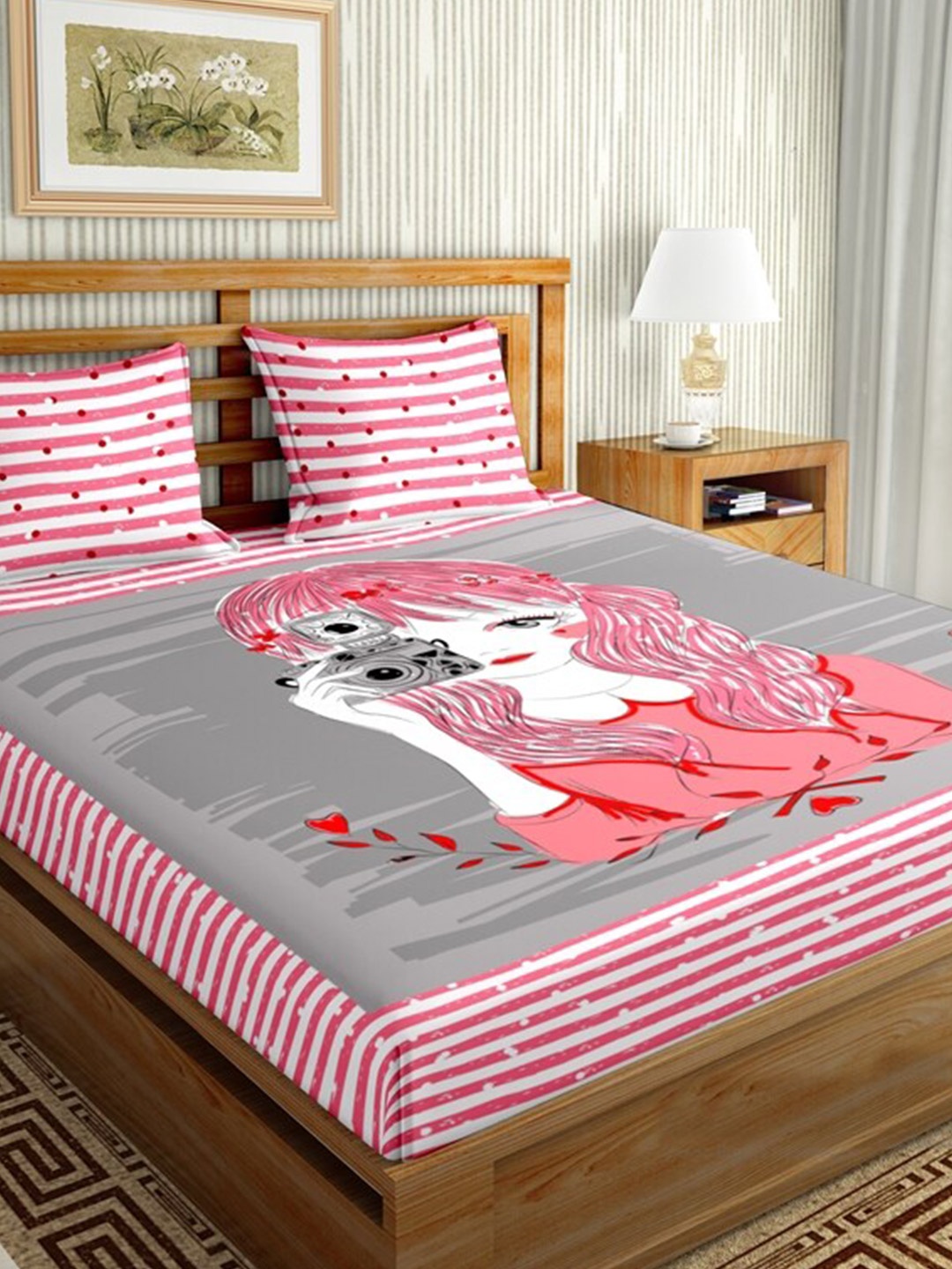 

BELLA CASA Pink & White Graphic 144 TC King Bedsheet with 2 Pillow Covers