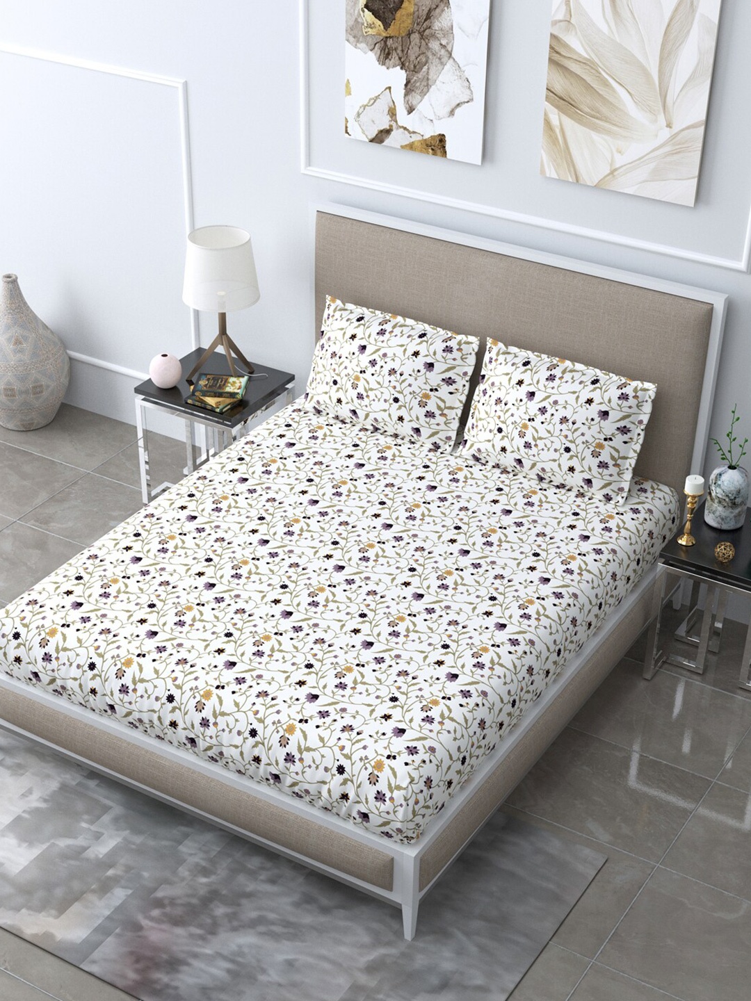 

LIVING ROOTS White & Olive Green Floral 180 TC Queen Bedsheet with 2 Pillow Covers