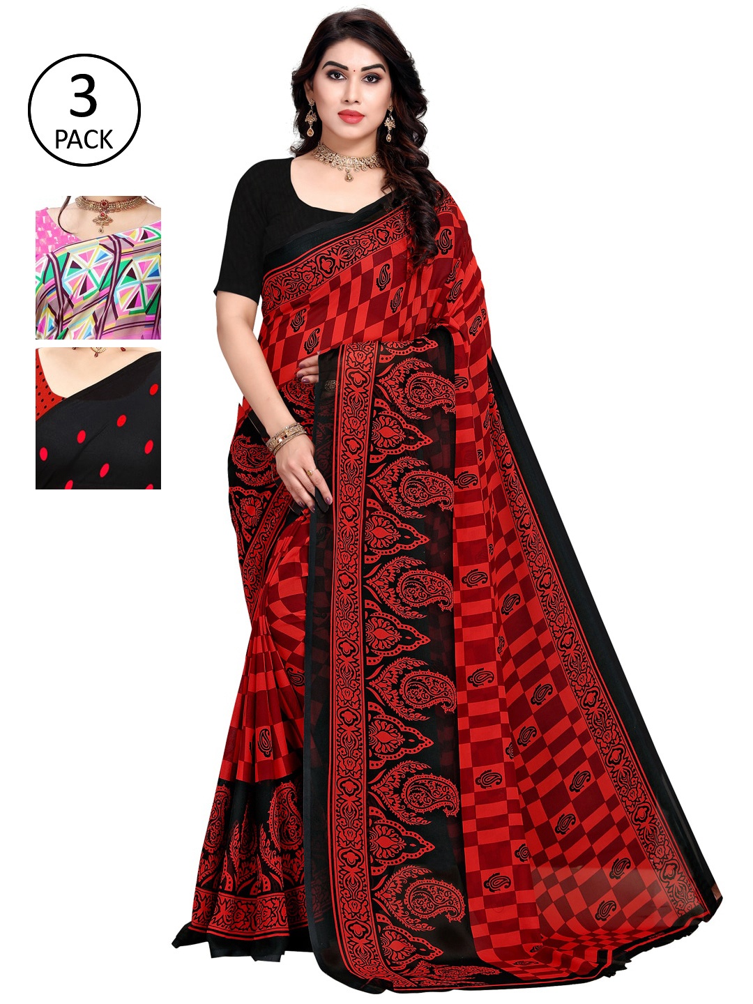 

KALINI Pack Of 3 Pink & Red Saree