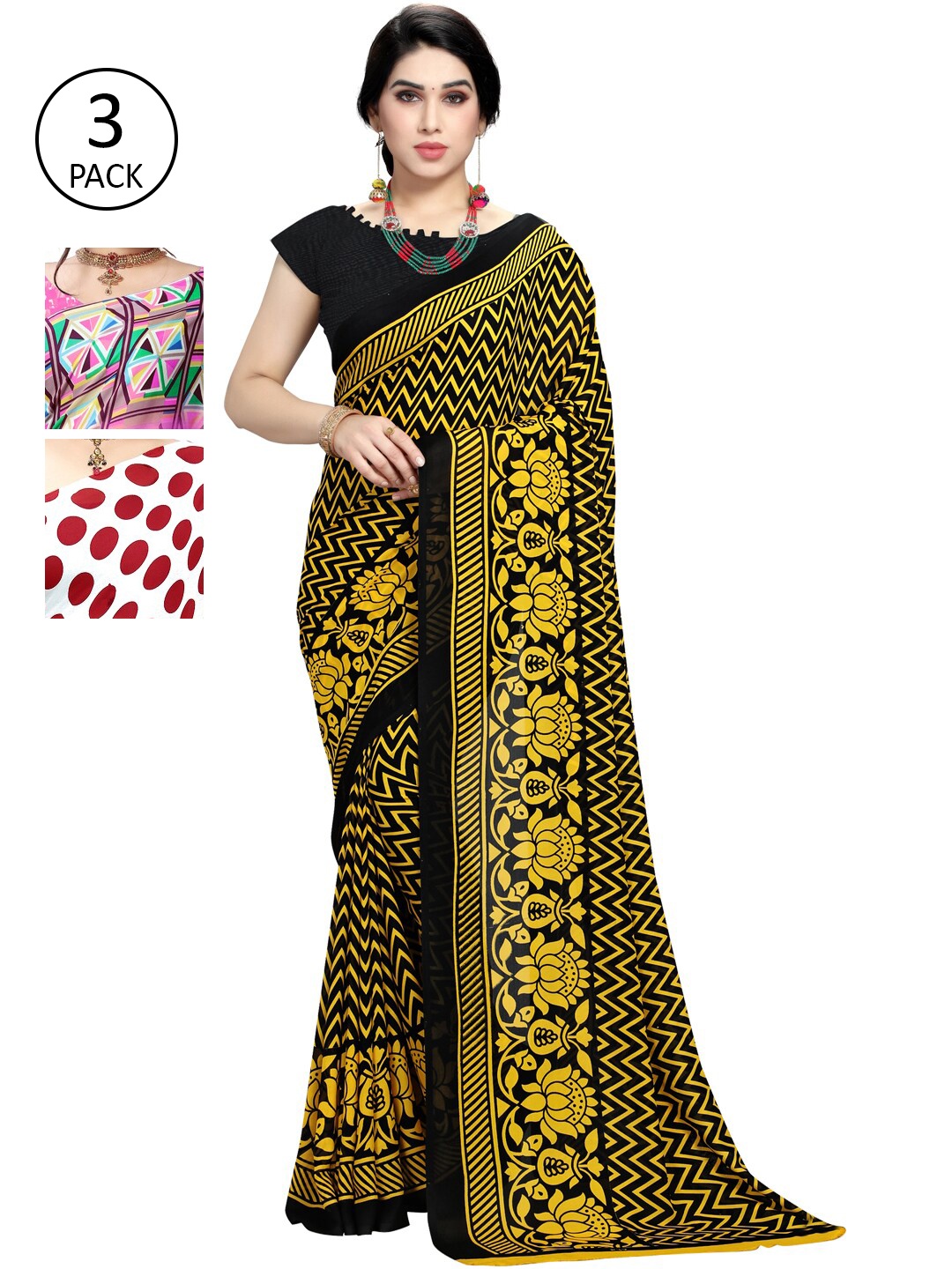 

KALINI Pack of 3 Poly Georgette Saree, Pink