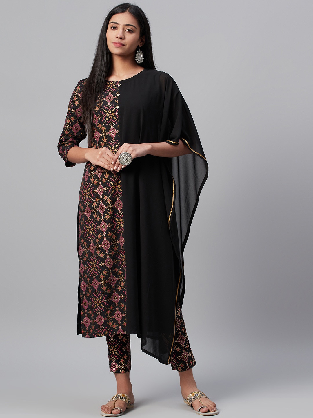 

ZIYAA Women Black Foil Printed Georgette Kaftan Kurta