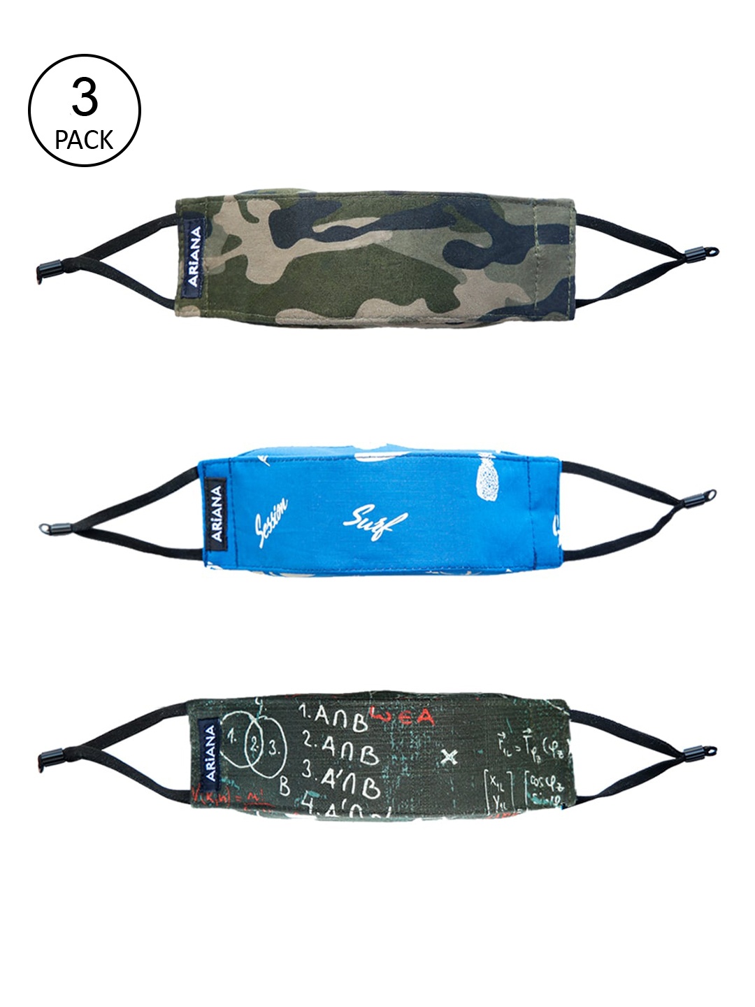 

Ariana Pack Of 3 Printed 7-Ply 3-D Outdoor Reusable Cloth Face Masks, Black